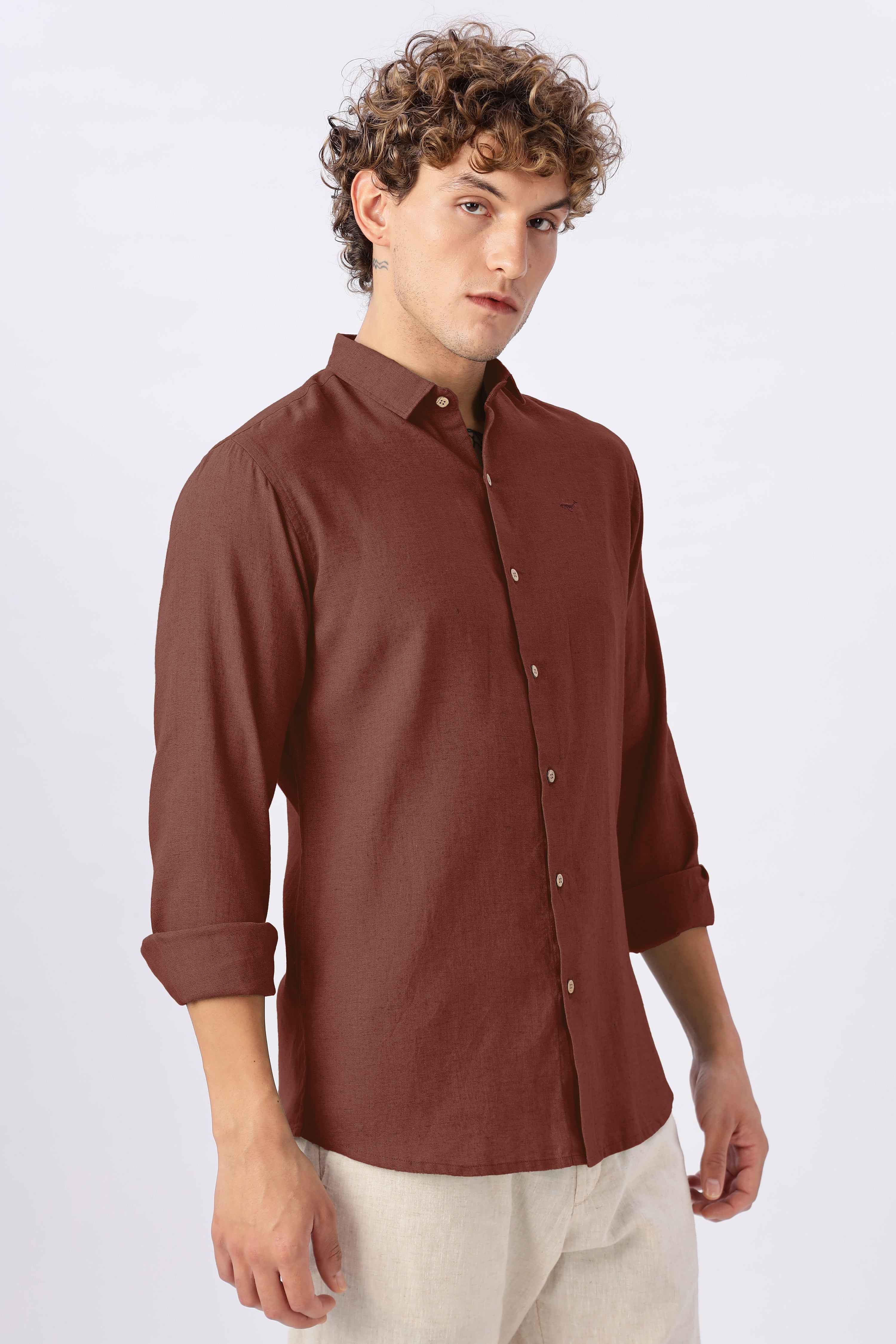 Classic Rust Linen Blend Regular Fit Red Brown Shirt