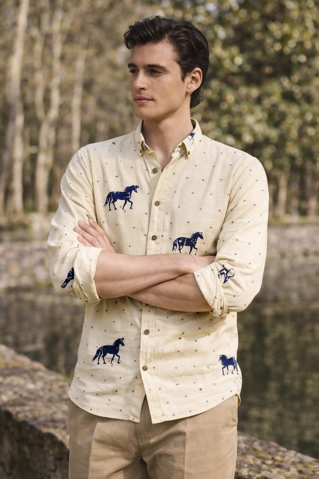 Desert Horse Motif Cotton Regular Fit Beige Printed  Shirt