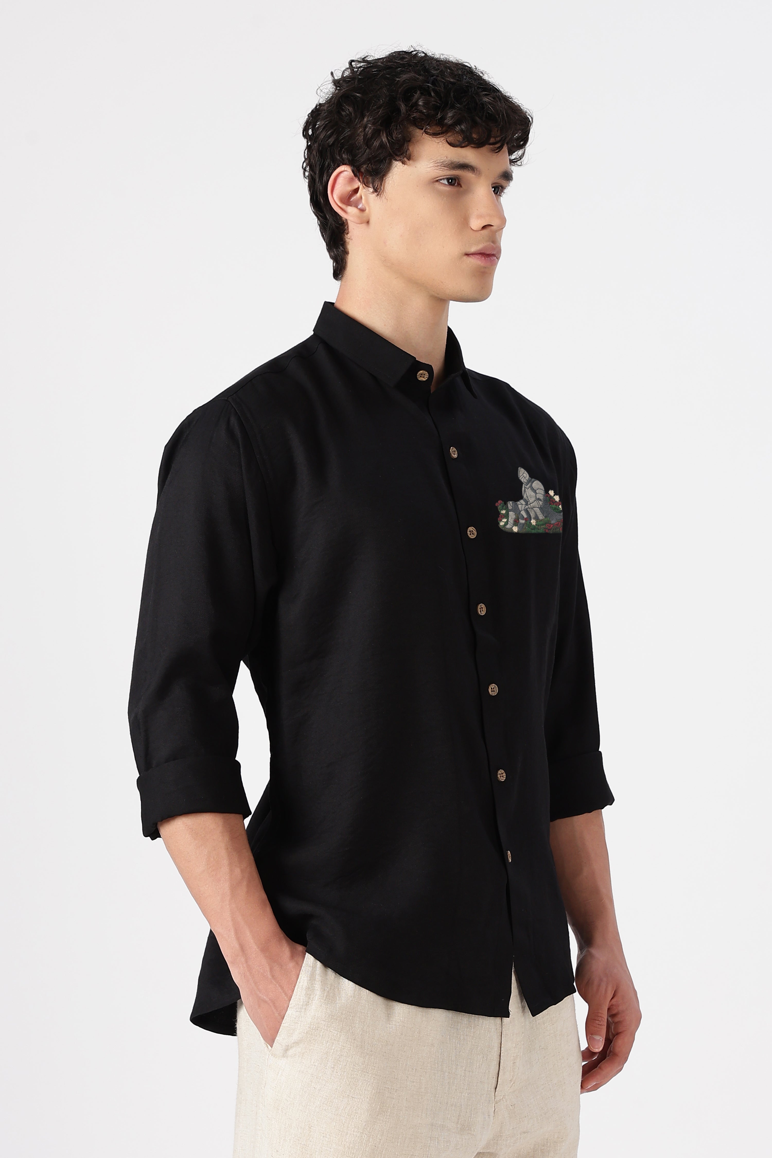 Medieval Knight Cotton Regular Fit Black Embroidered Shirt