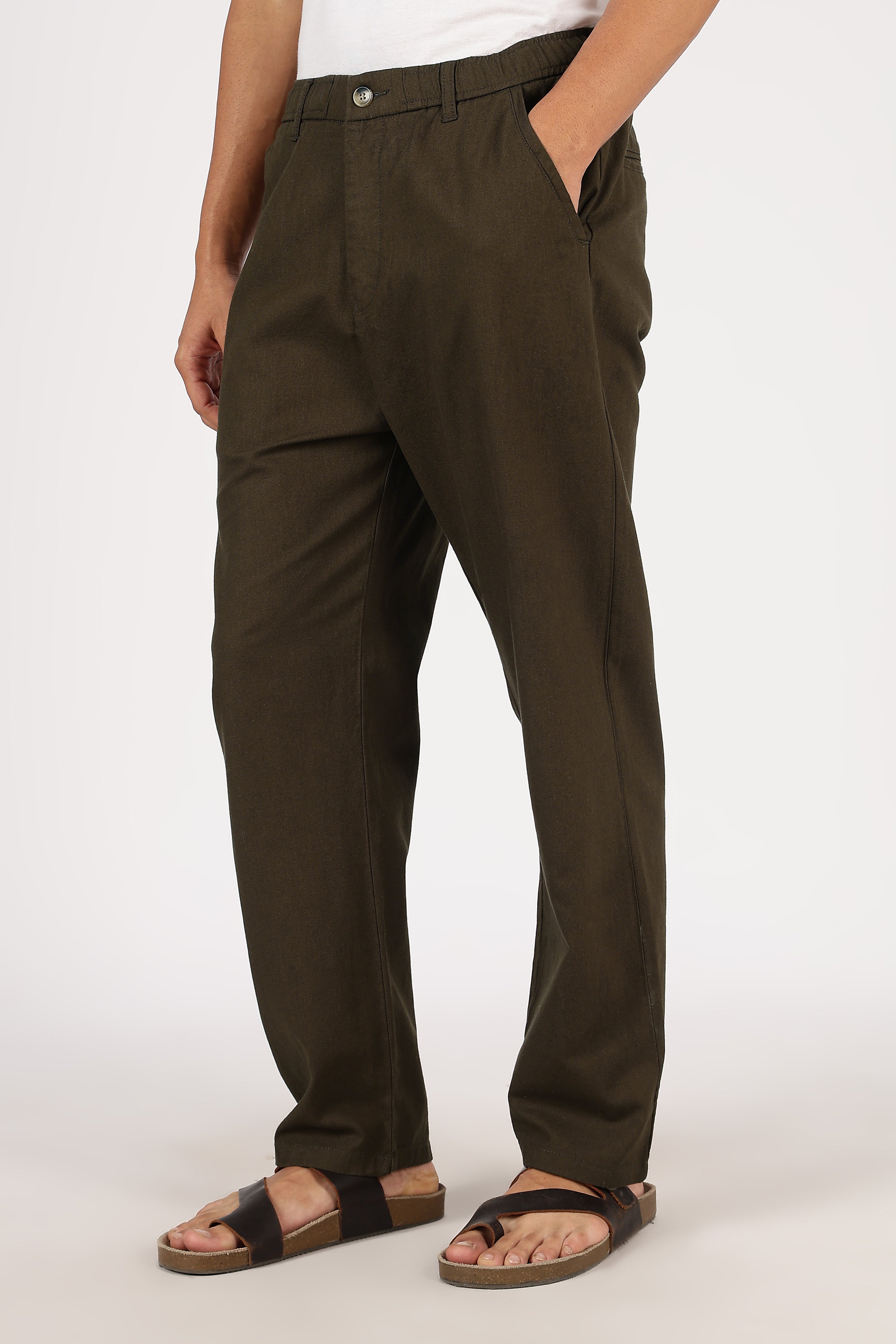 Linen-style 100% Cotton Relaxed Fit Olive Green Pant