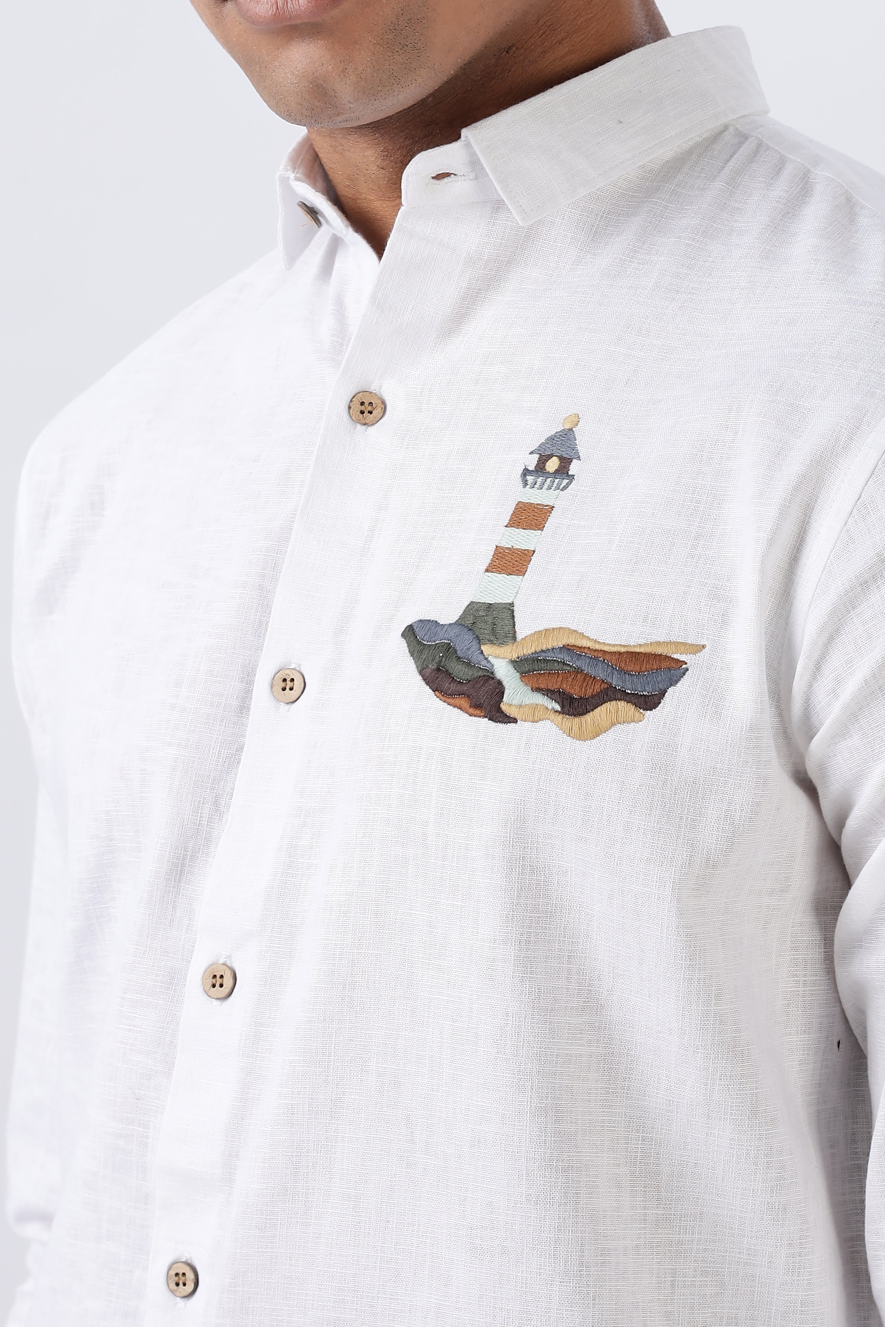 Summer White Lighthouse embroidery Shirt