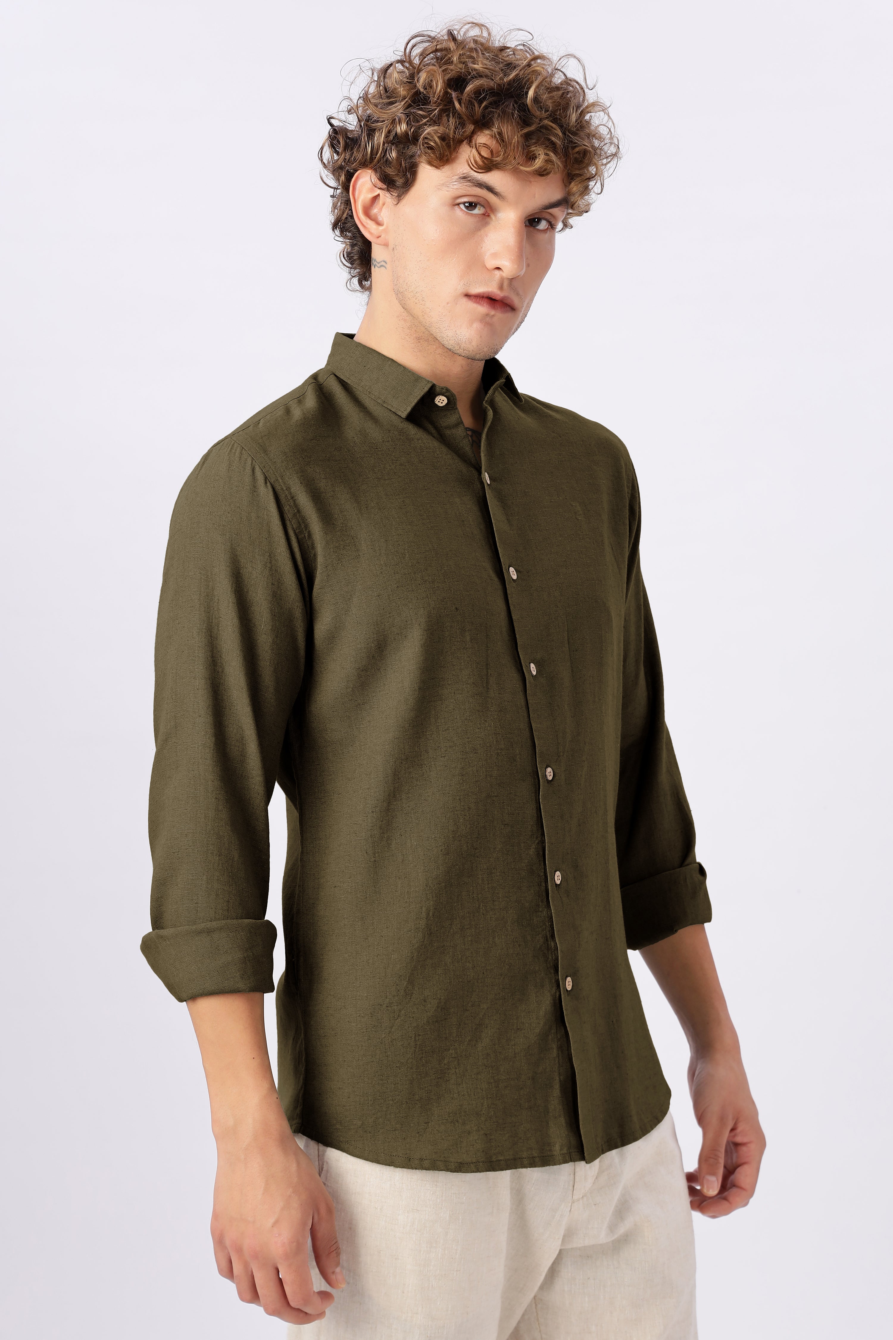 Olive Grove Linen Blend No Logo Regular Fit Green Shirt