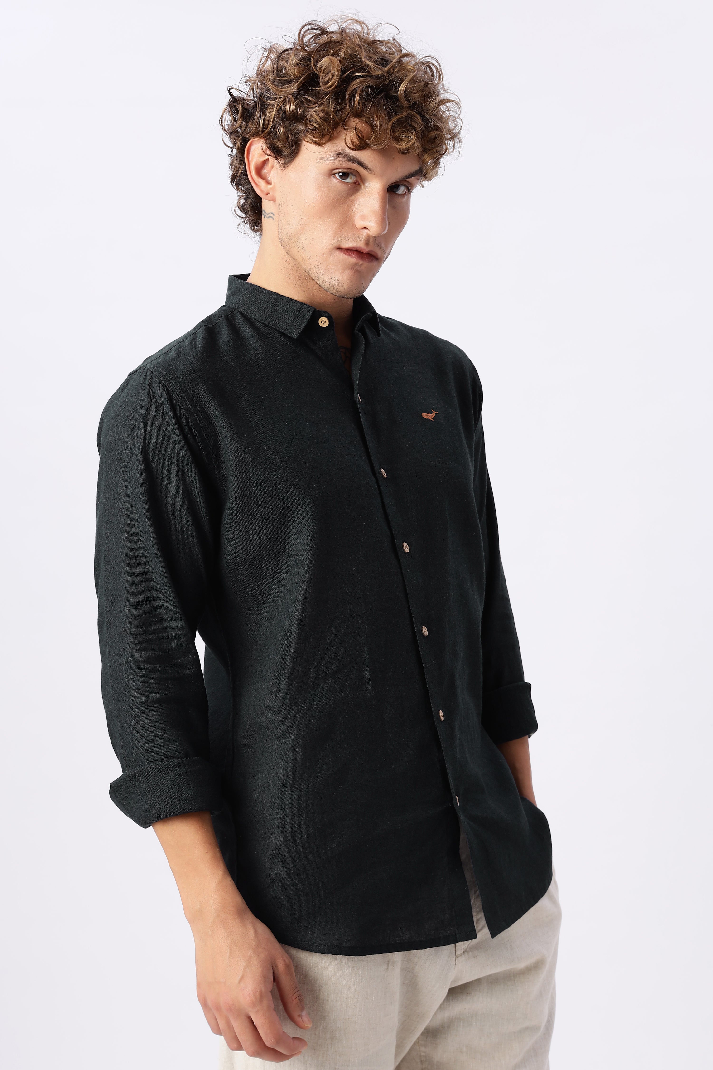 Midnight Black 100% Cotton Mock-Linen Essential Shirt