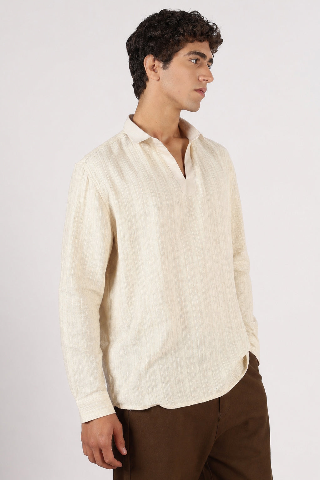 Textured Johnny Collar Cotton Regular Fit Beige Striped  Henley Shirt