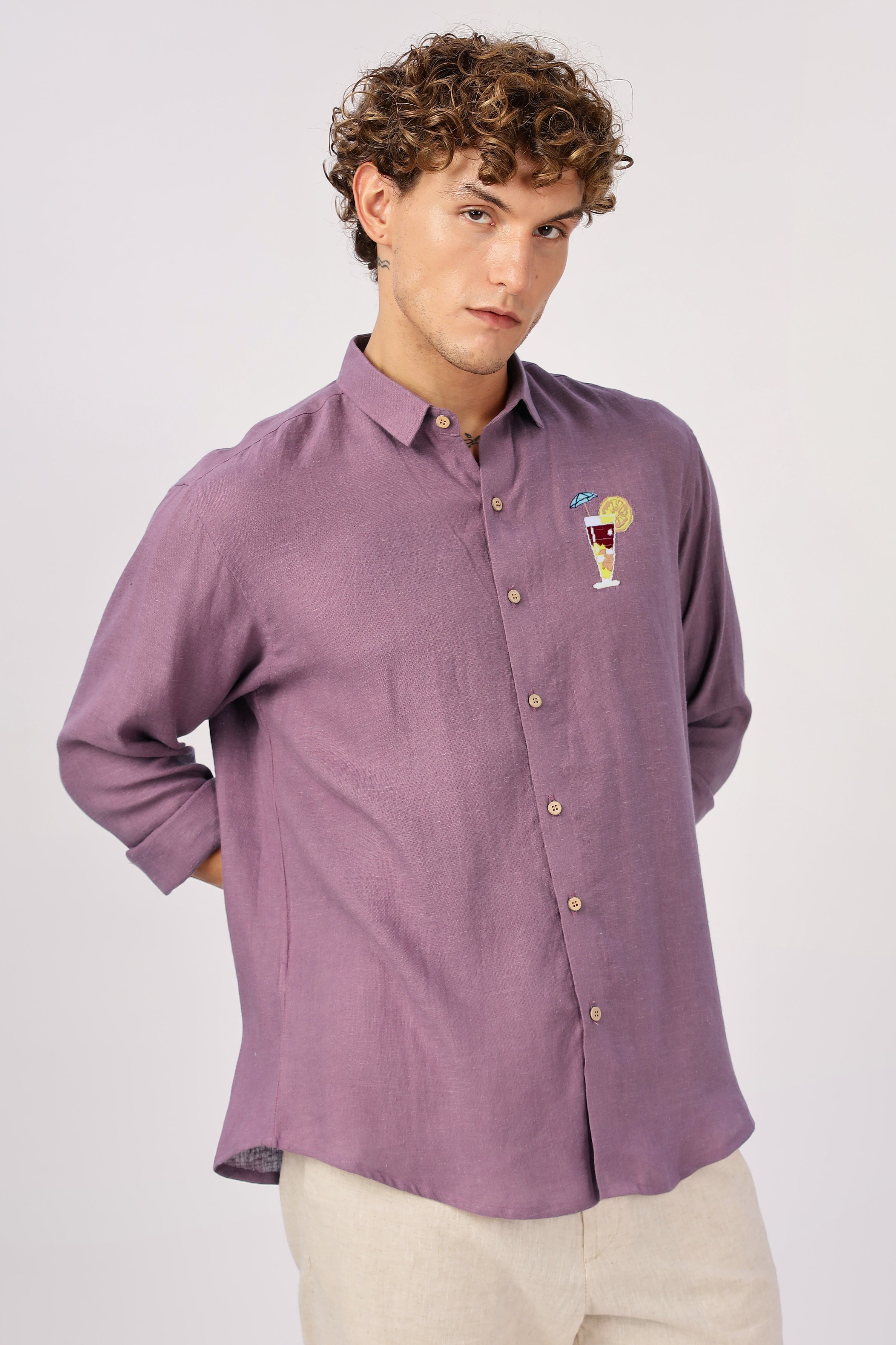 Sundowner Cocktail Cotton Regular Fit Lavender Embroidered Shirt