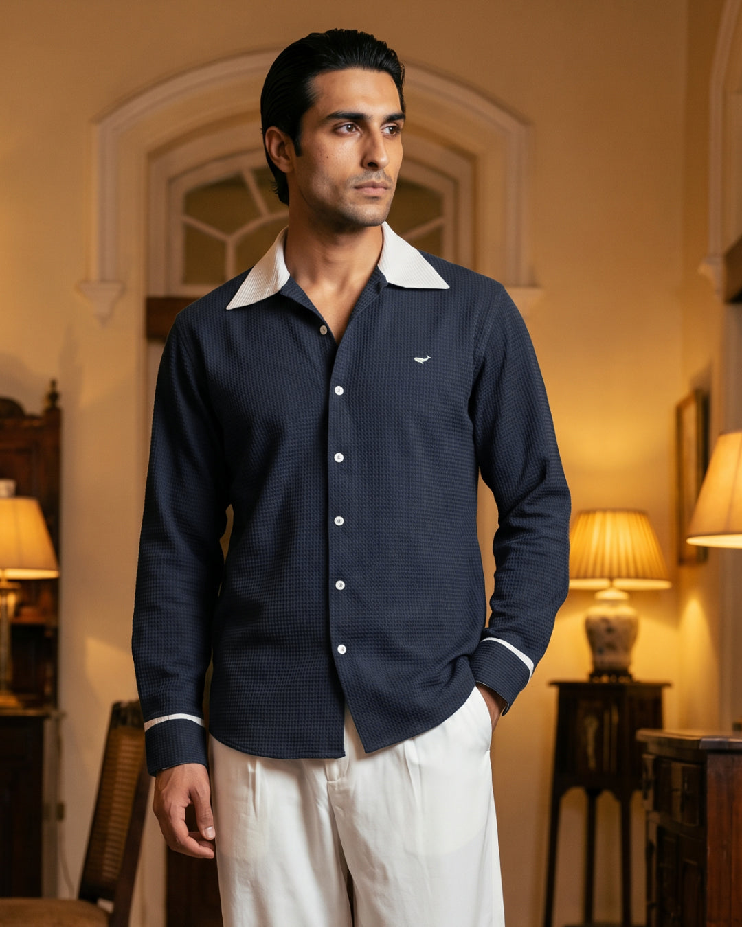Midnight Blue Waffle Knit- 80s Cooper Collar Shirt