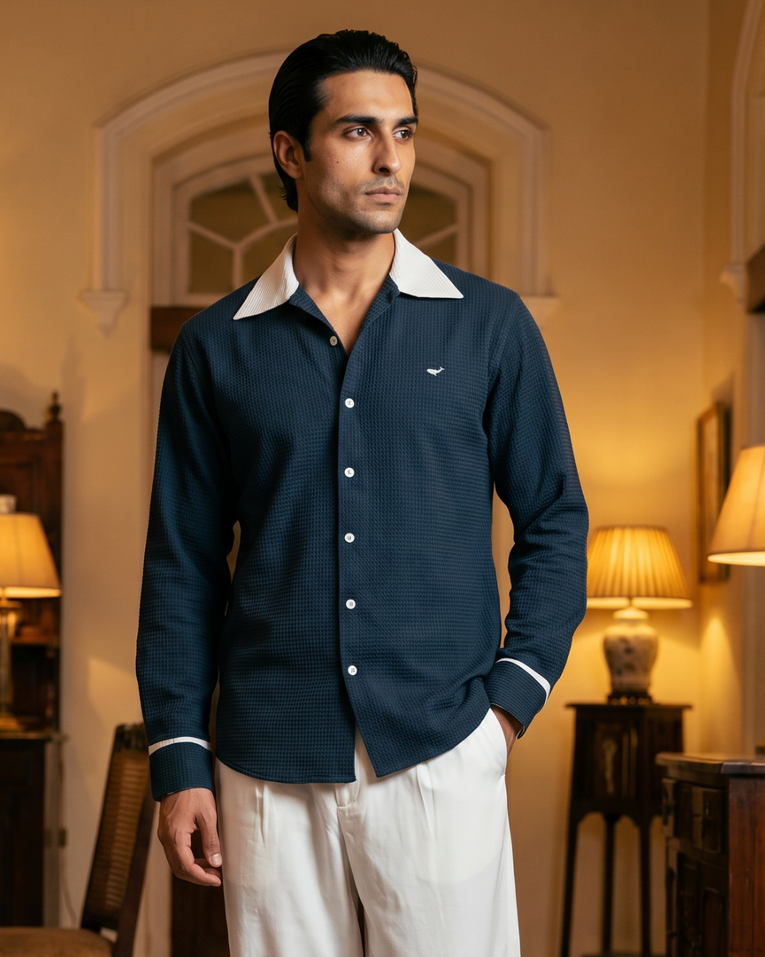 Midnight Waffle Knit- Wide Collar Shirt