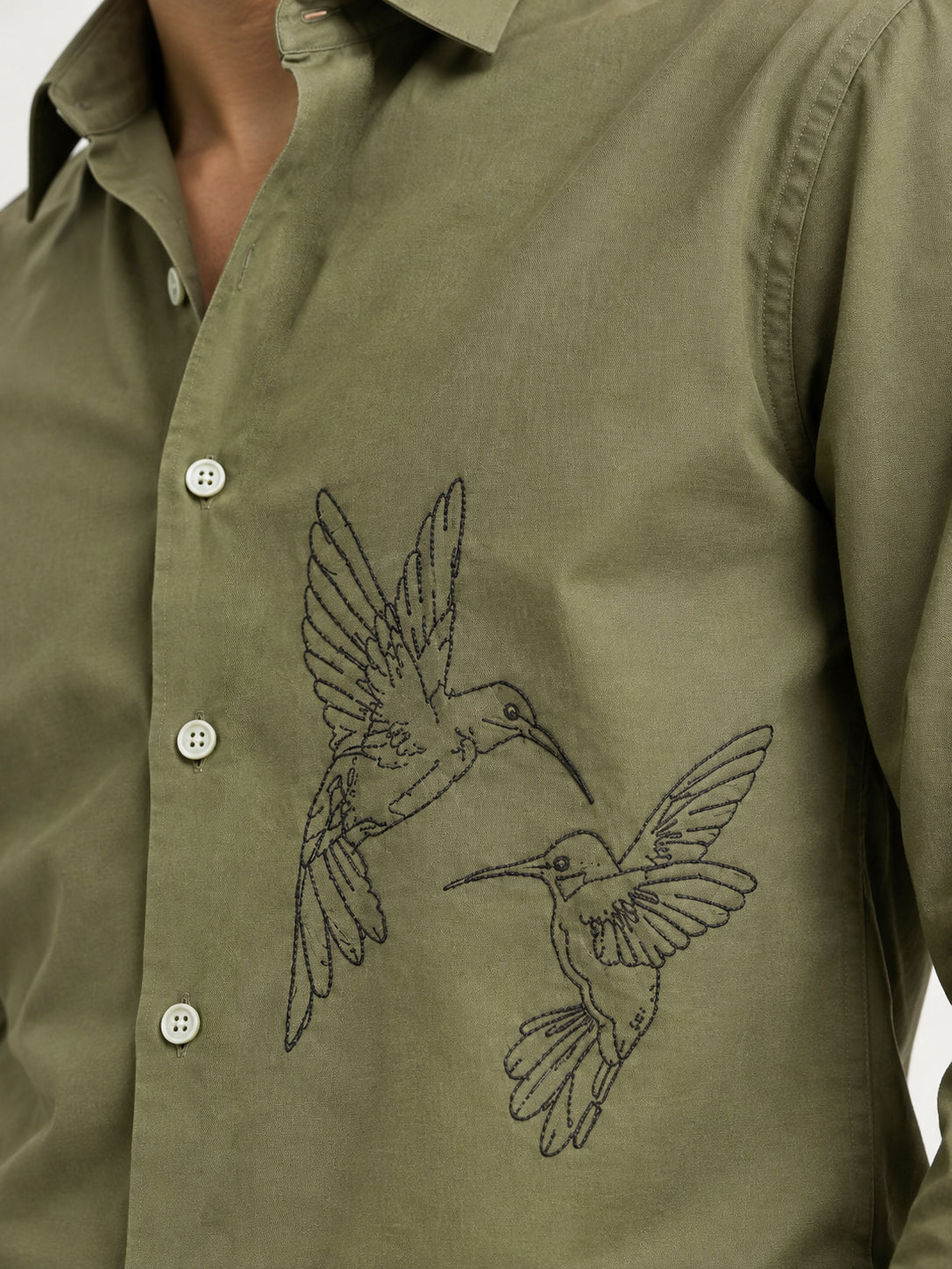 Humming(way) Birds Vienna Cotton Regular Fit Green Embroidery Shirt