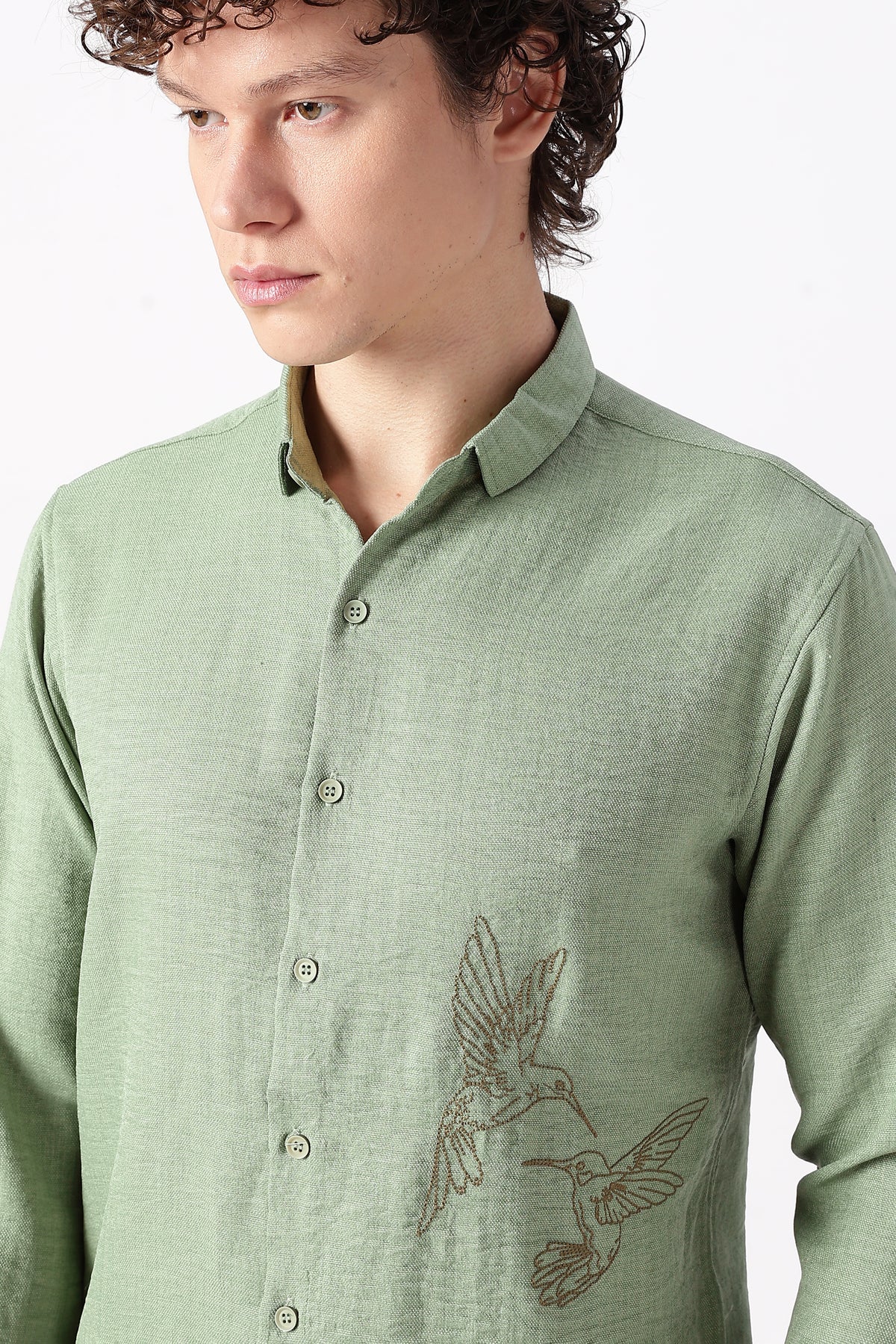 Humming(way) Birds Vienna Cotton Regular Fit Green Embroidery Shirt