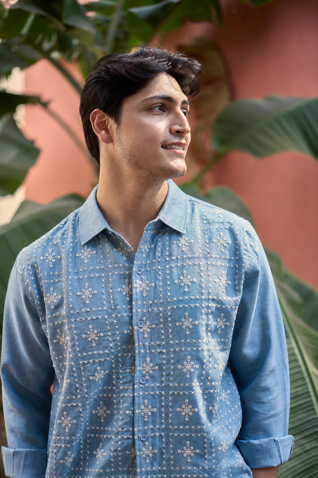 River Blue All Over Cotton Regular Fit Blue Embroidered Shirt