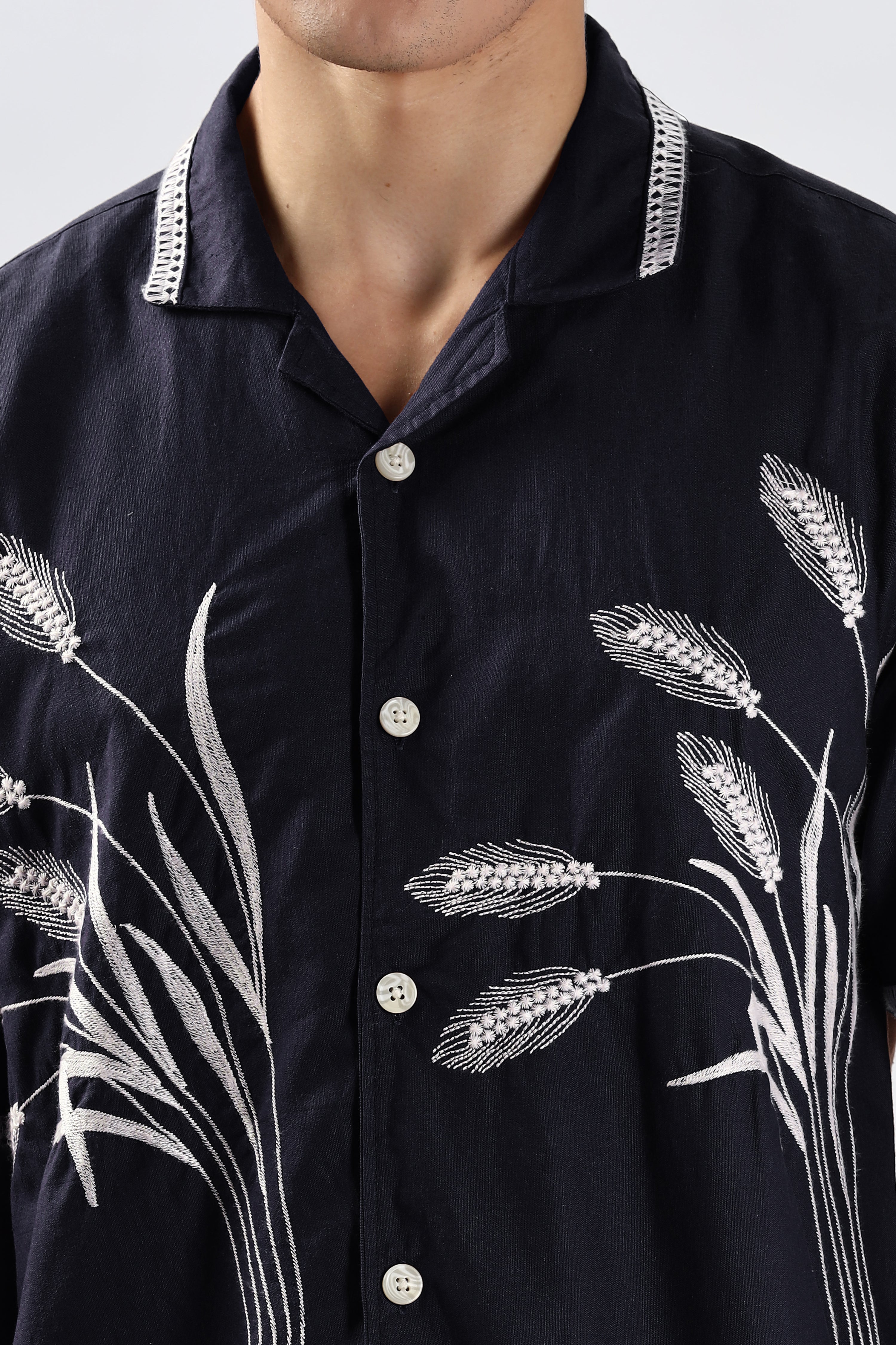 Houston Barley Navy Blue Embroidery Box Fit Shirt