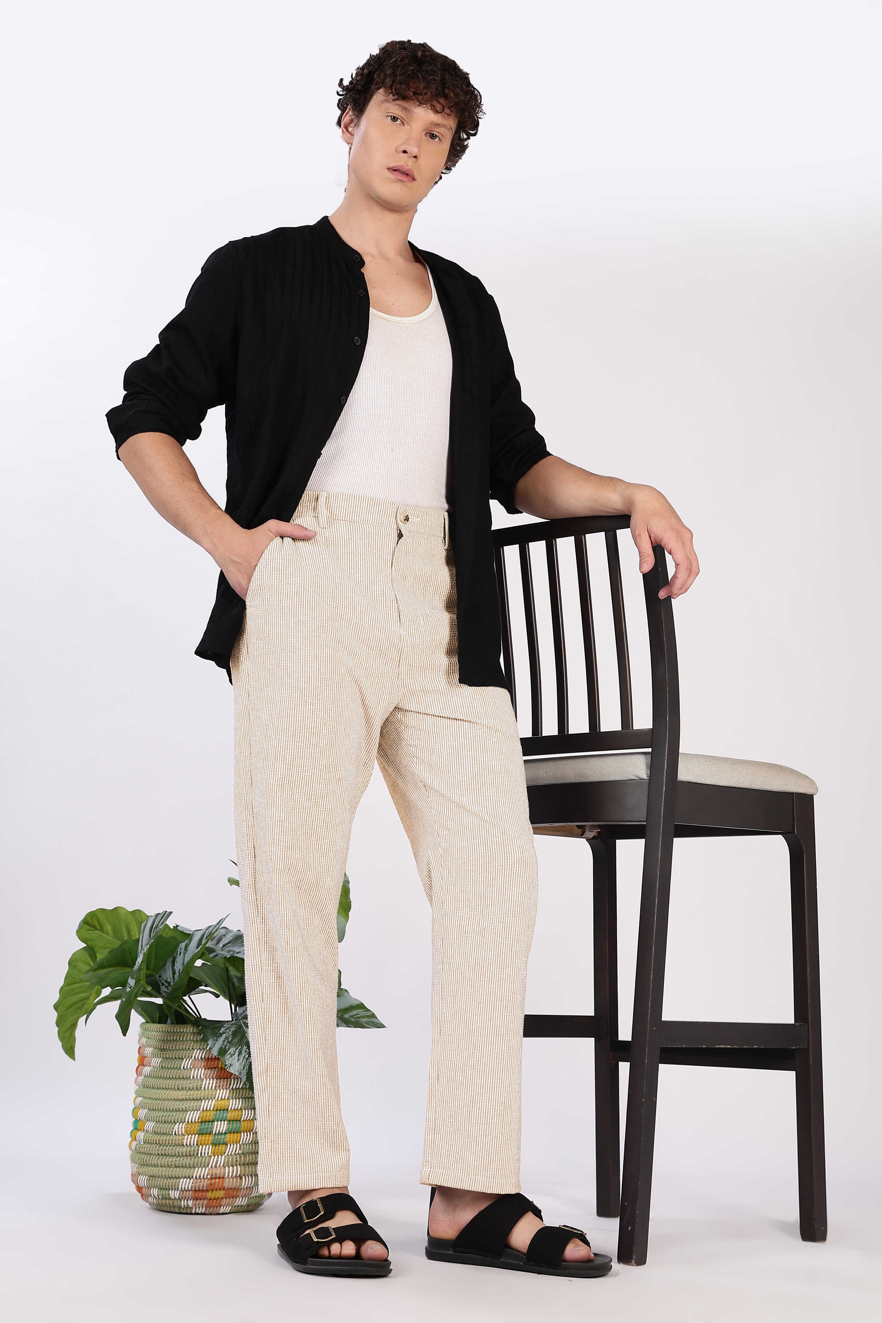 Seer Sucker 100% Cotton Straight Fit Beige Pant