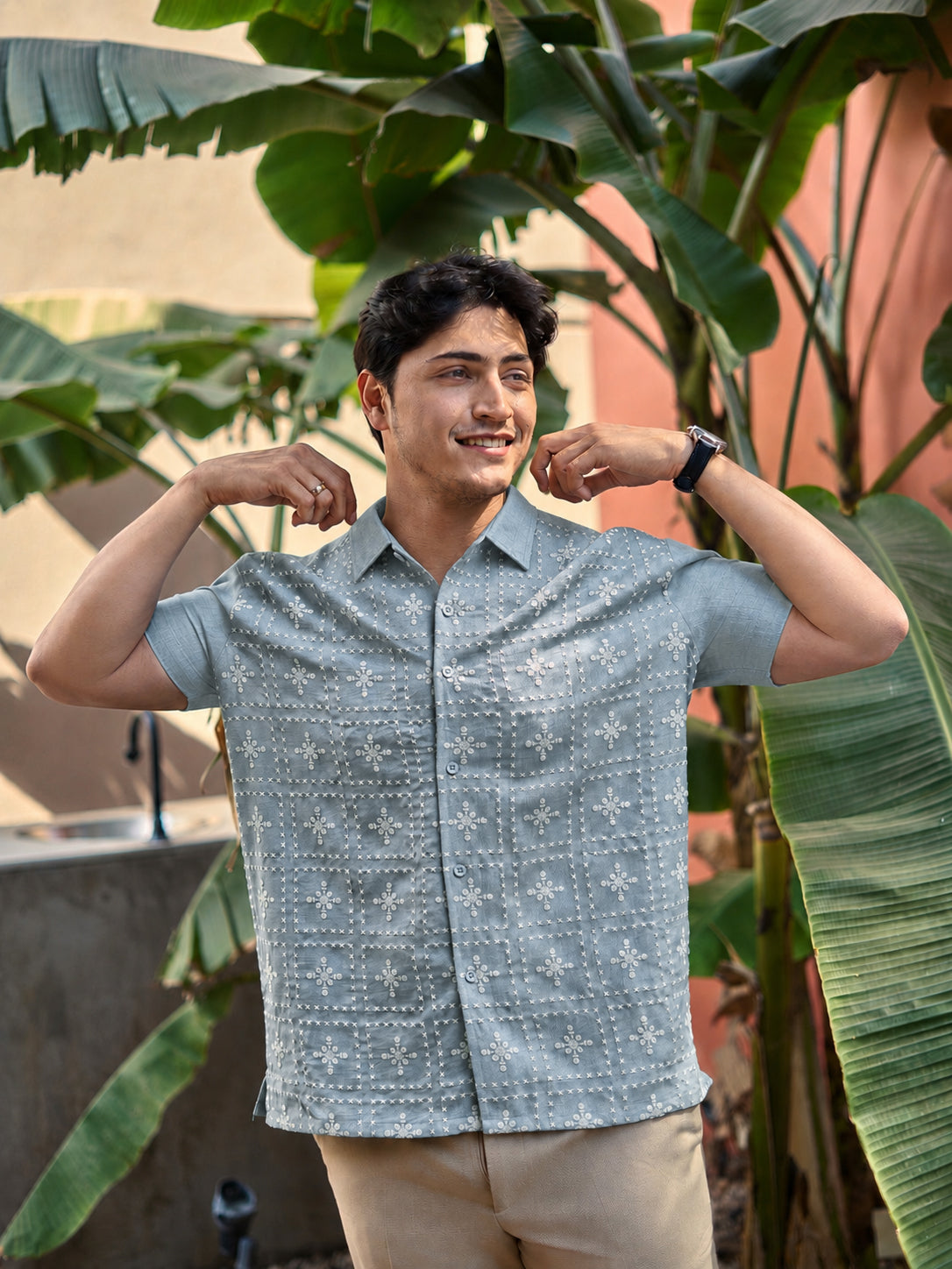 River Blue All Over Cotton Box Fit Blue Half Sleev Embroidered Shirt