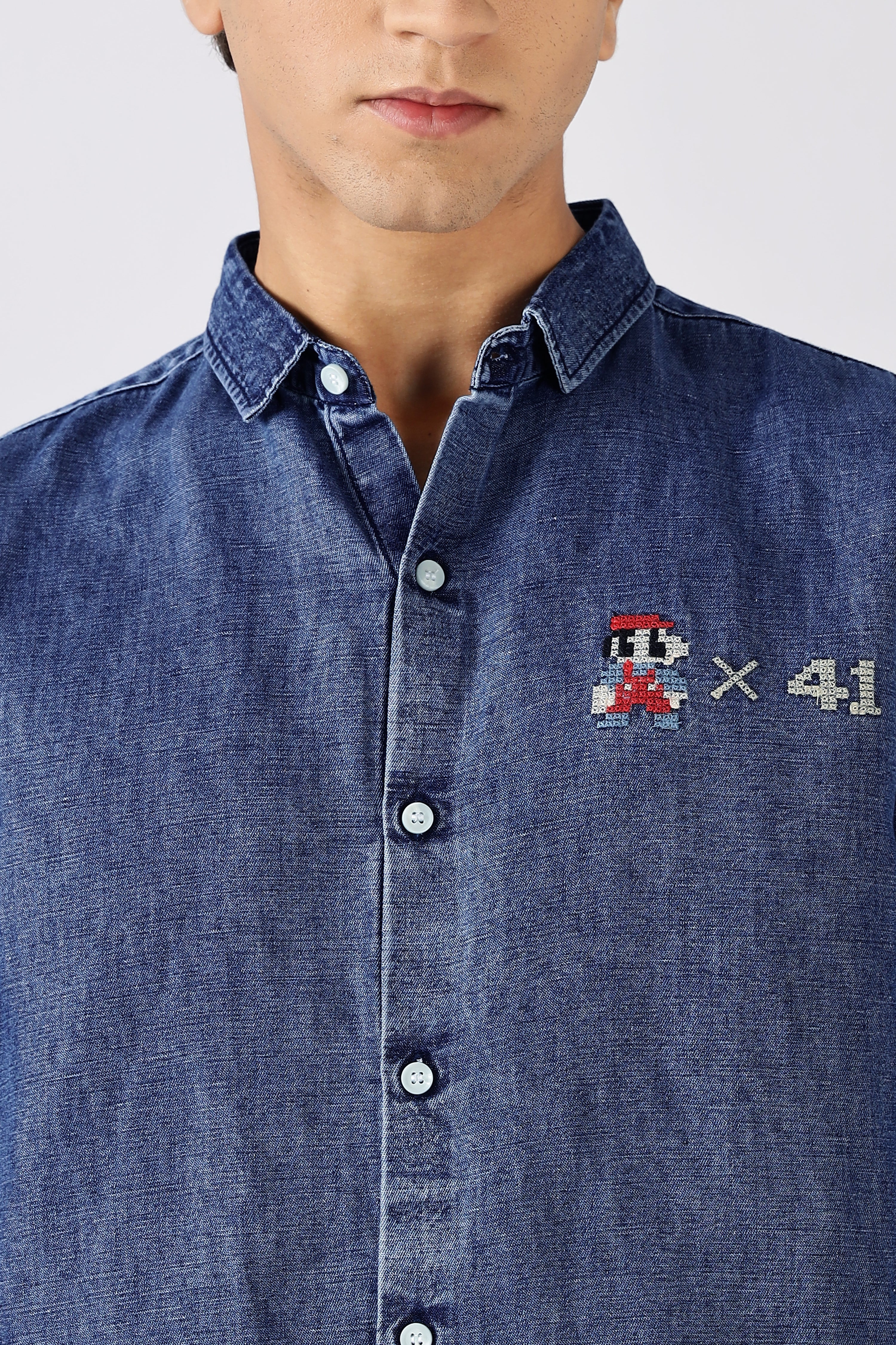 OG Mario Cotton Regular Fit Dark Blue Embroidered Denim Shirt