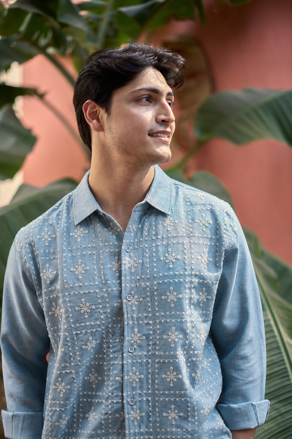 River Blue All Over Cotton Regular Fit Blue Embroidered Shirt