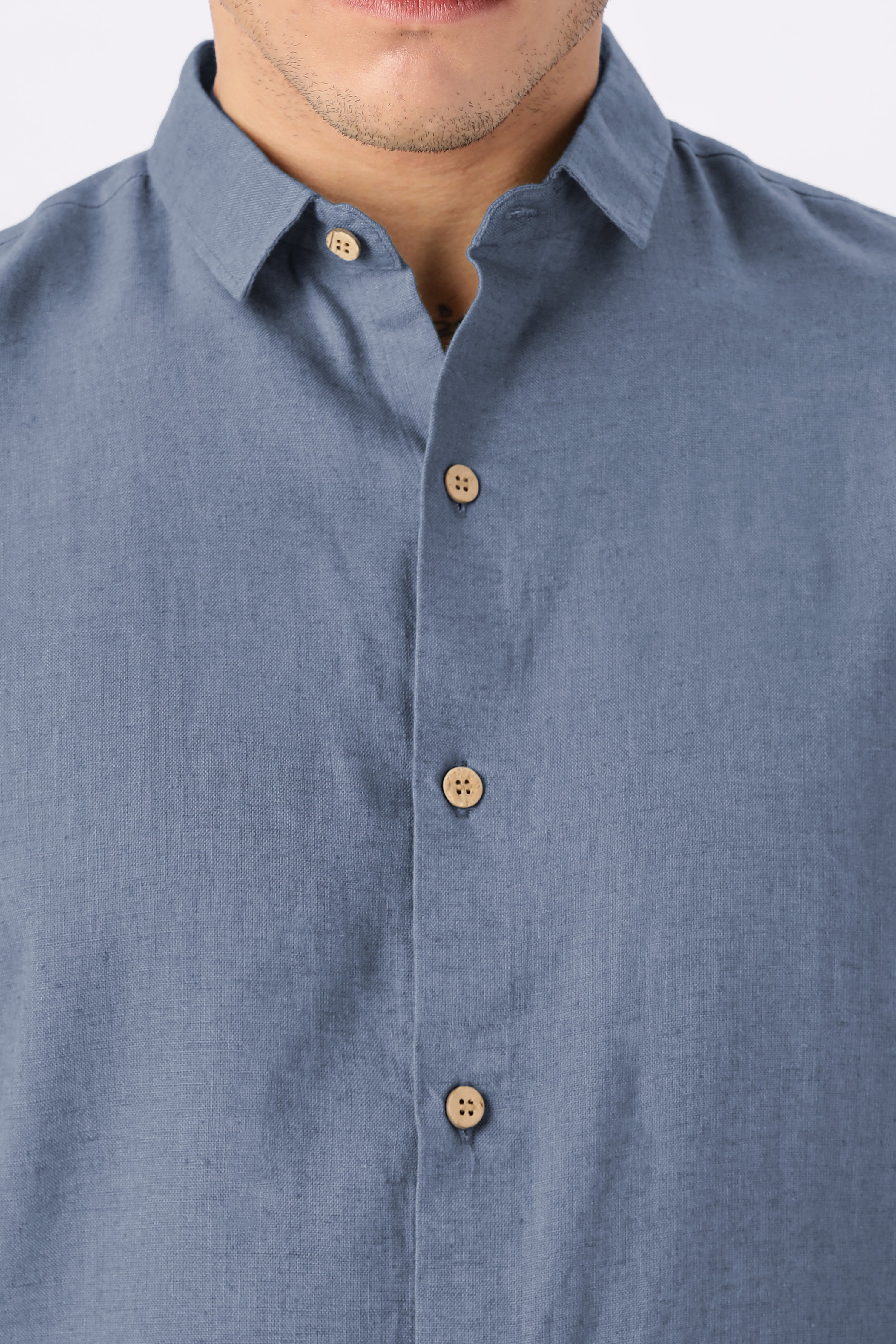Classic Slate Linen Blend No Logo Regular Fit Denim Blue Shirt