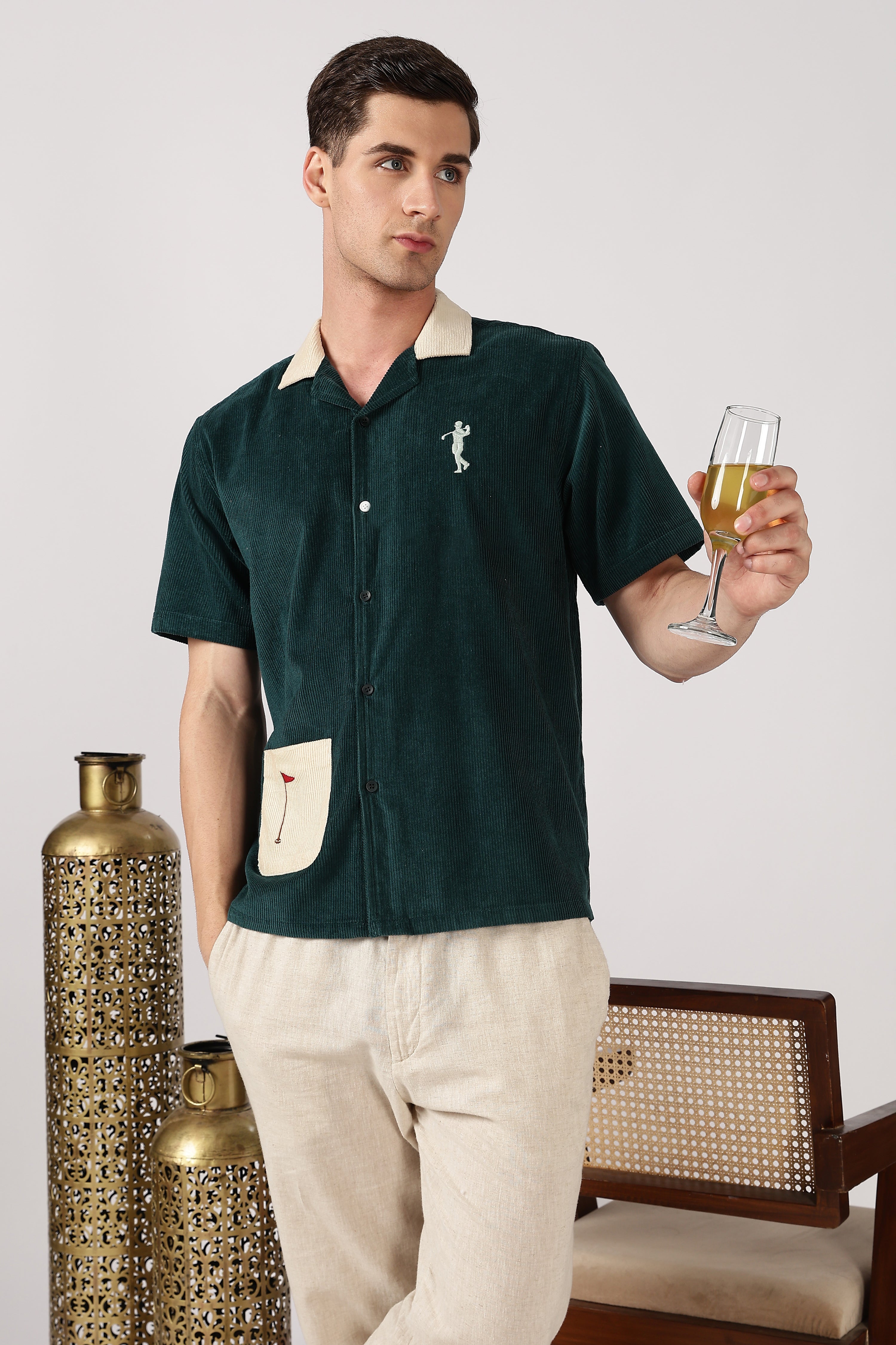 Fairway Flag Cotton Corduroy Box Fit Mint Green Embroidered Shirt