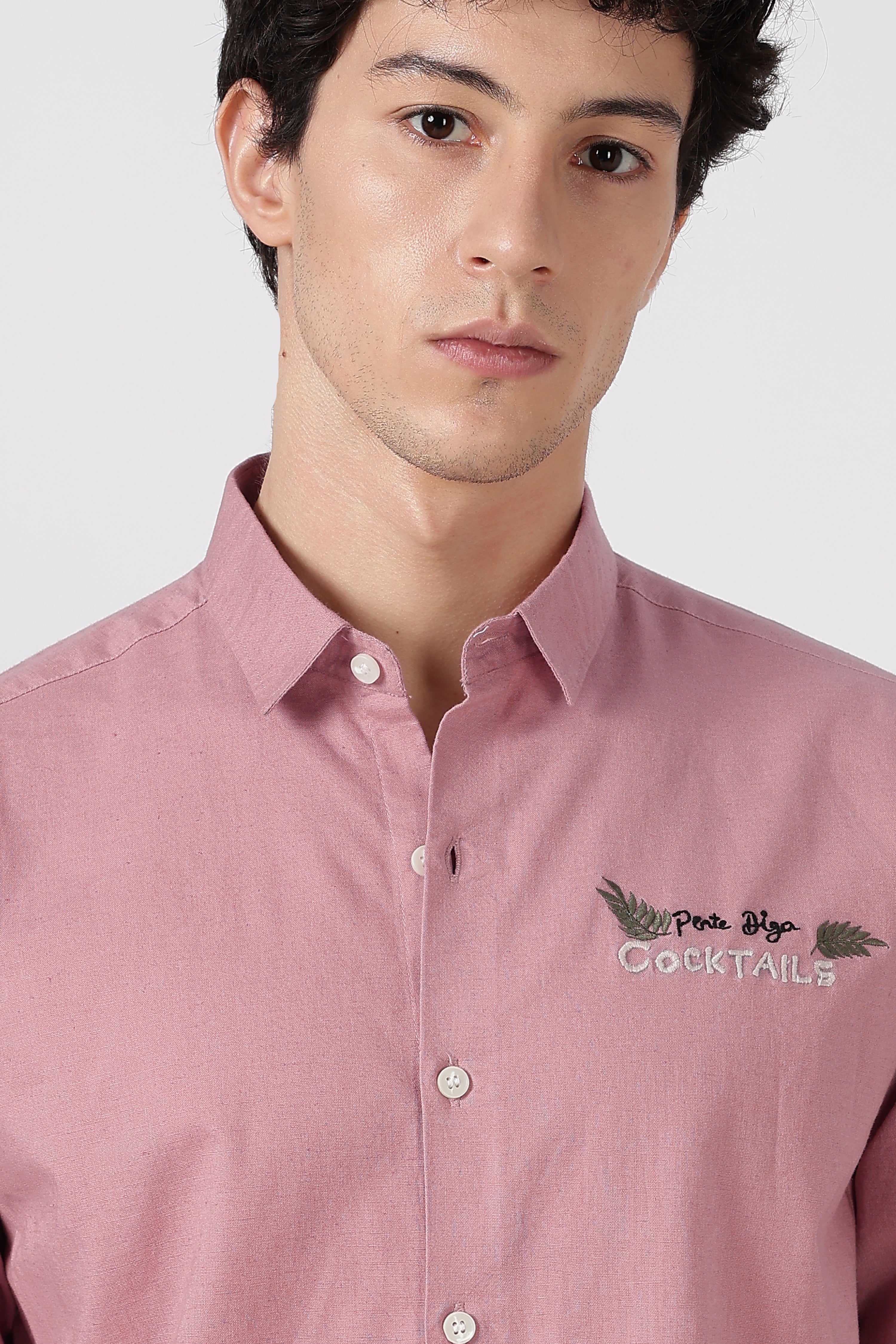 Cocktail-Themed Cotton Regular Fit Dusty Pink Embroidered Shirt