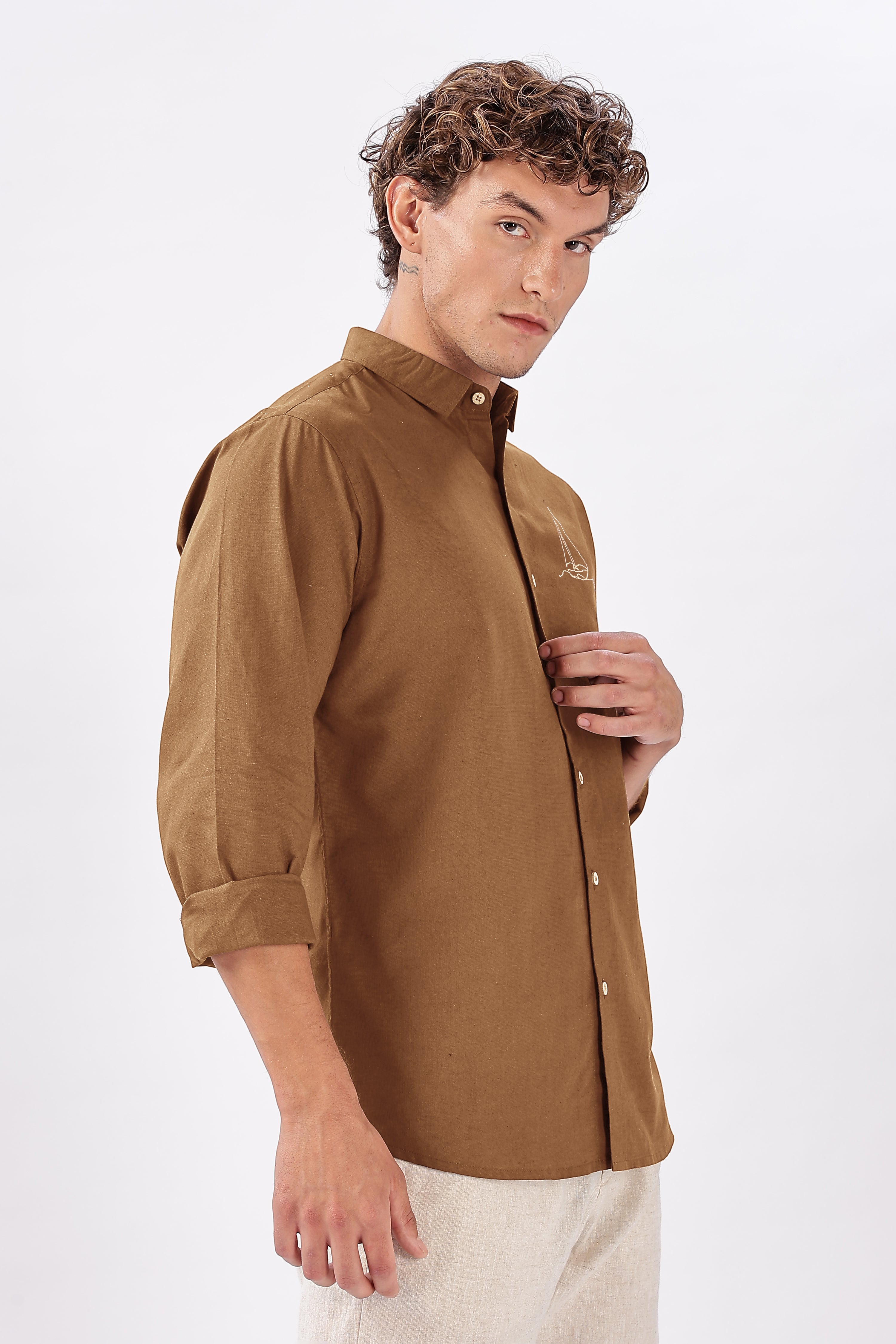 Baku Brown Cotton Box Fit Embroidery Shirt
