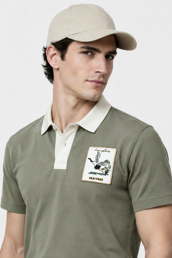 Heritage Heron Cotton Contrast Collar Green Embroidered T-Shirt