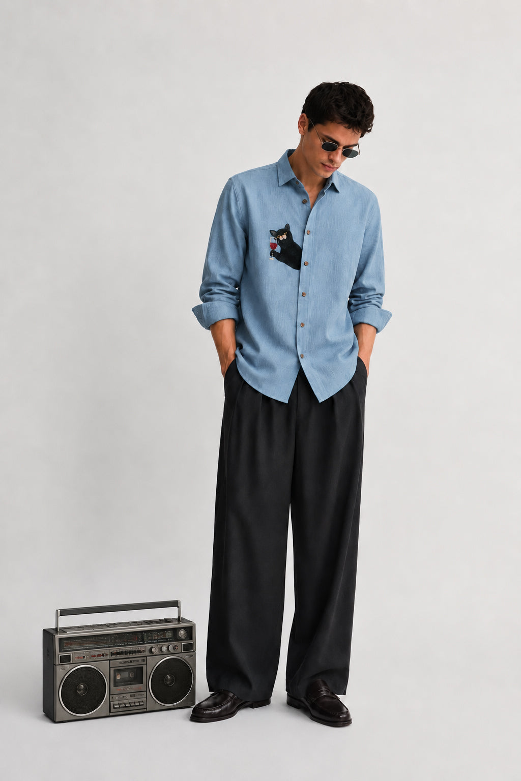 Midnight Sommelier Cotton Regular Fit Blue Embroidered Shirt