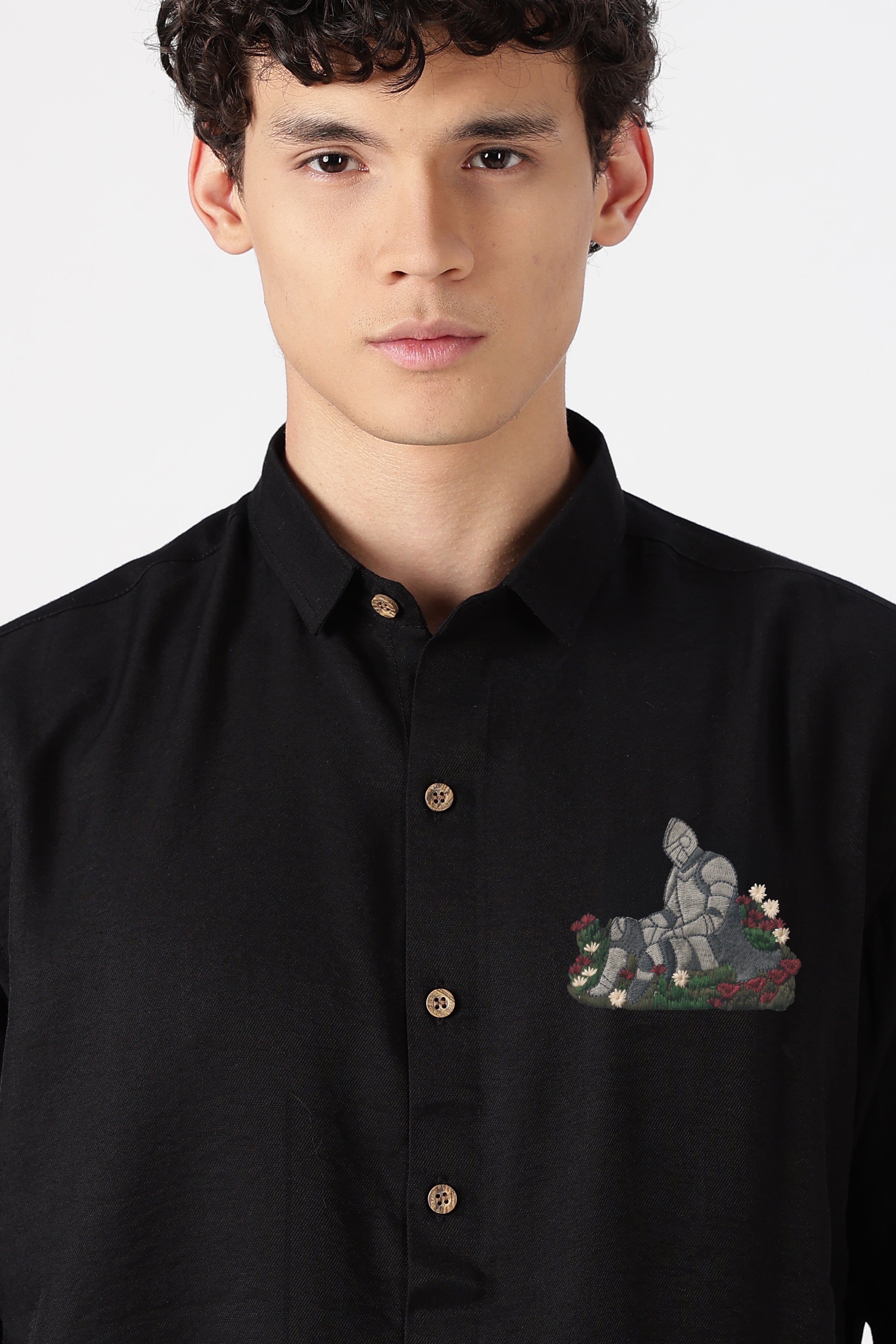 Medieval Knight Cotton Regular Fit Black Embroidered Shirt