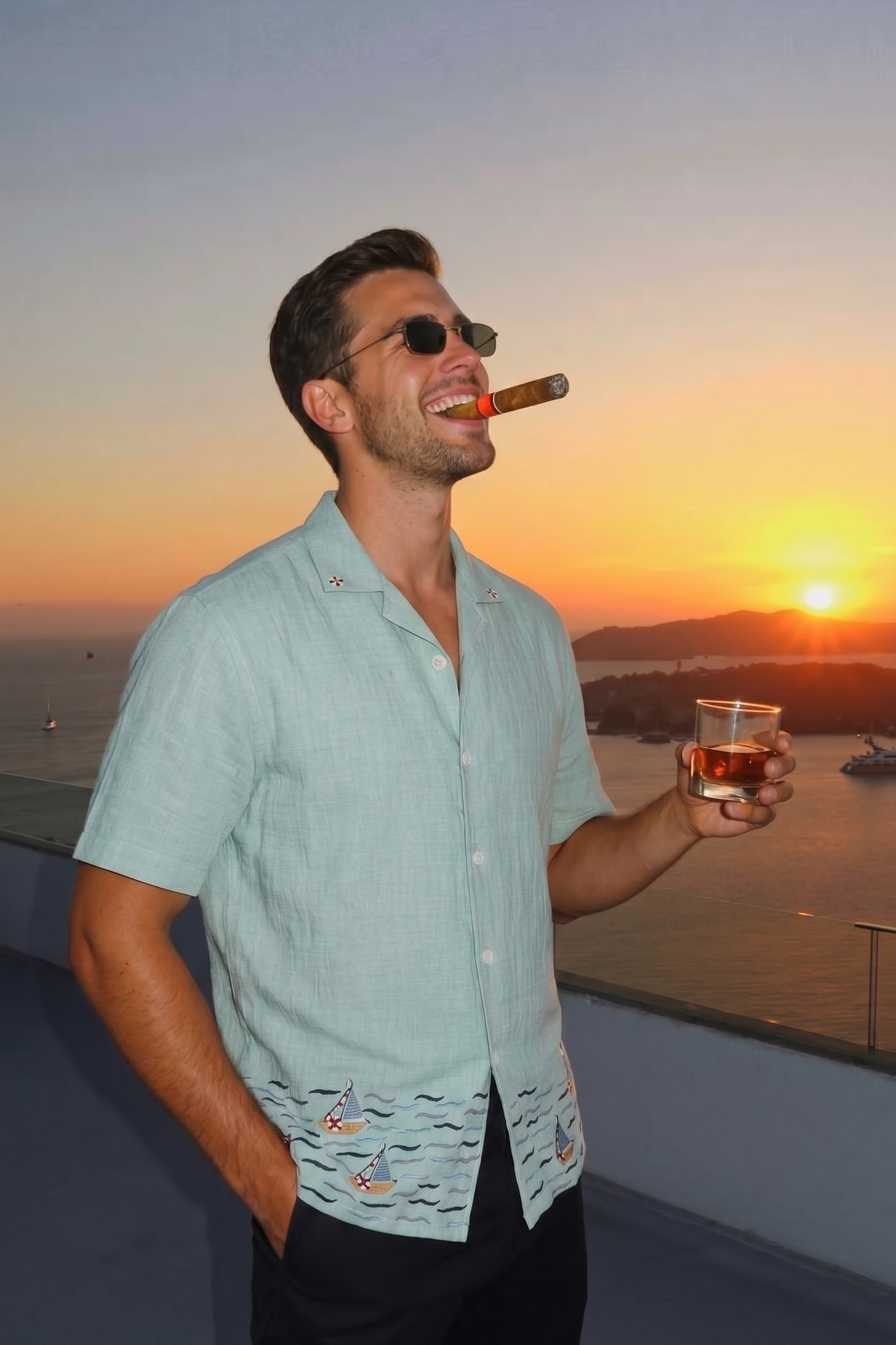 Man enjoying a drink and a cigar with a sunset over water in the background