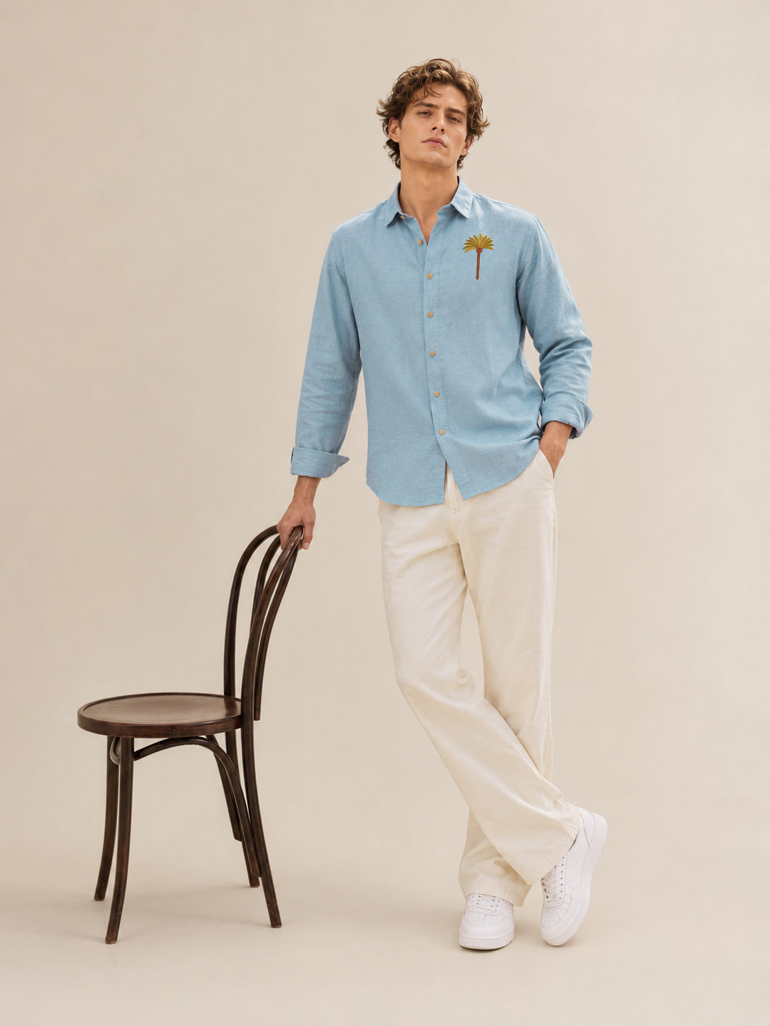 Palm Cove Breeze Cotton Regular Fit Blue Embroidered Shirt