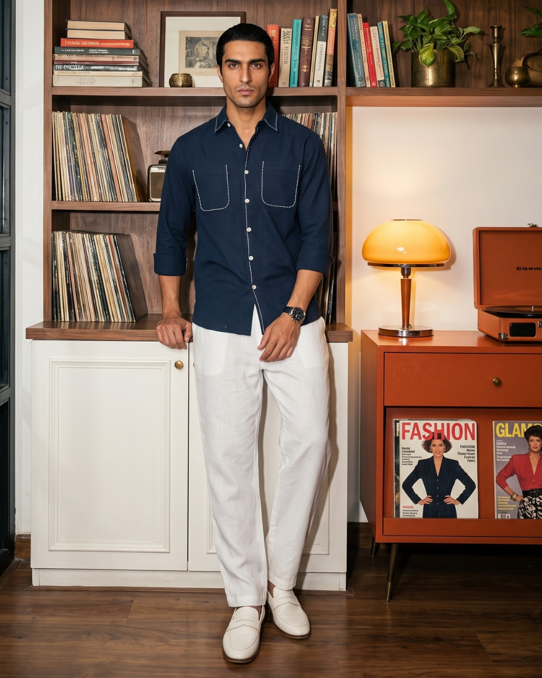 Saddle Stitch Cotton– Spread Collar And Bouble Pocket Shirt