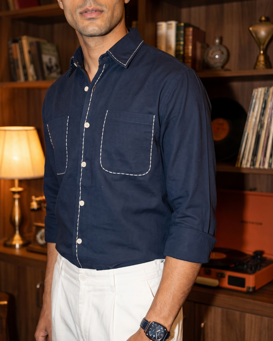 Saddle Stitch Cotton– Spread Collar And Bouble Pocket Shirt