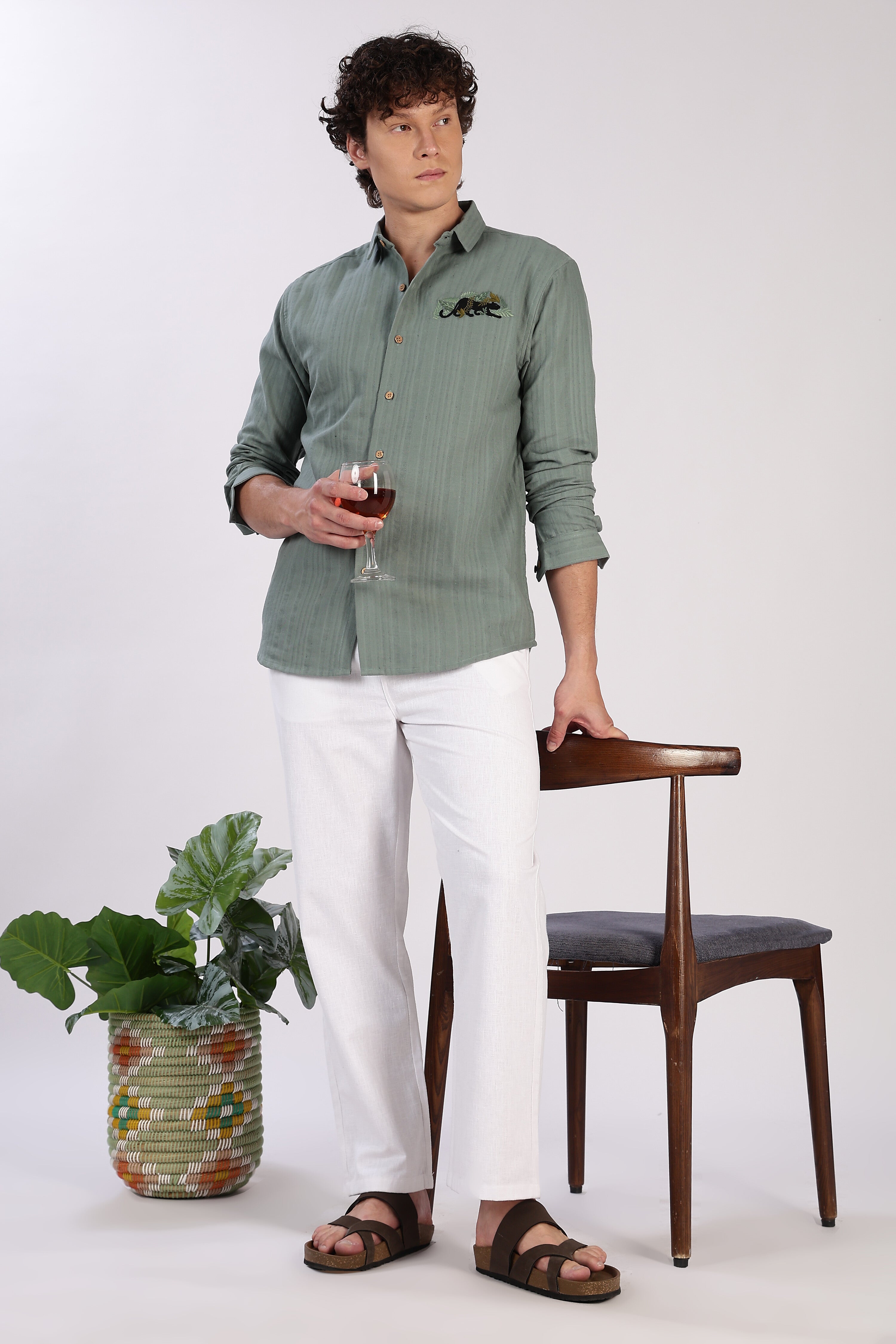 Jungle Prowl Cotton Regular Fit Green Striped Shirt