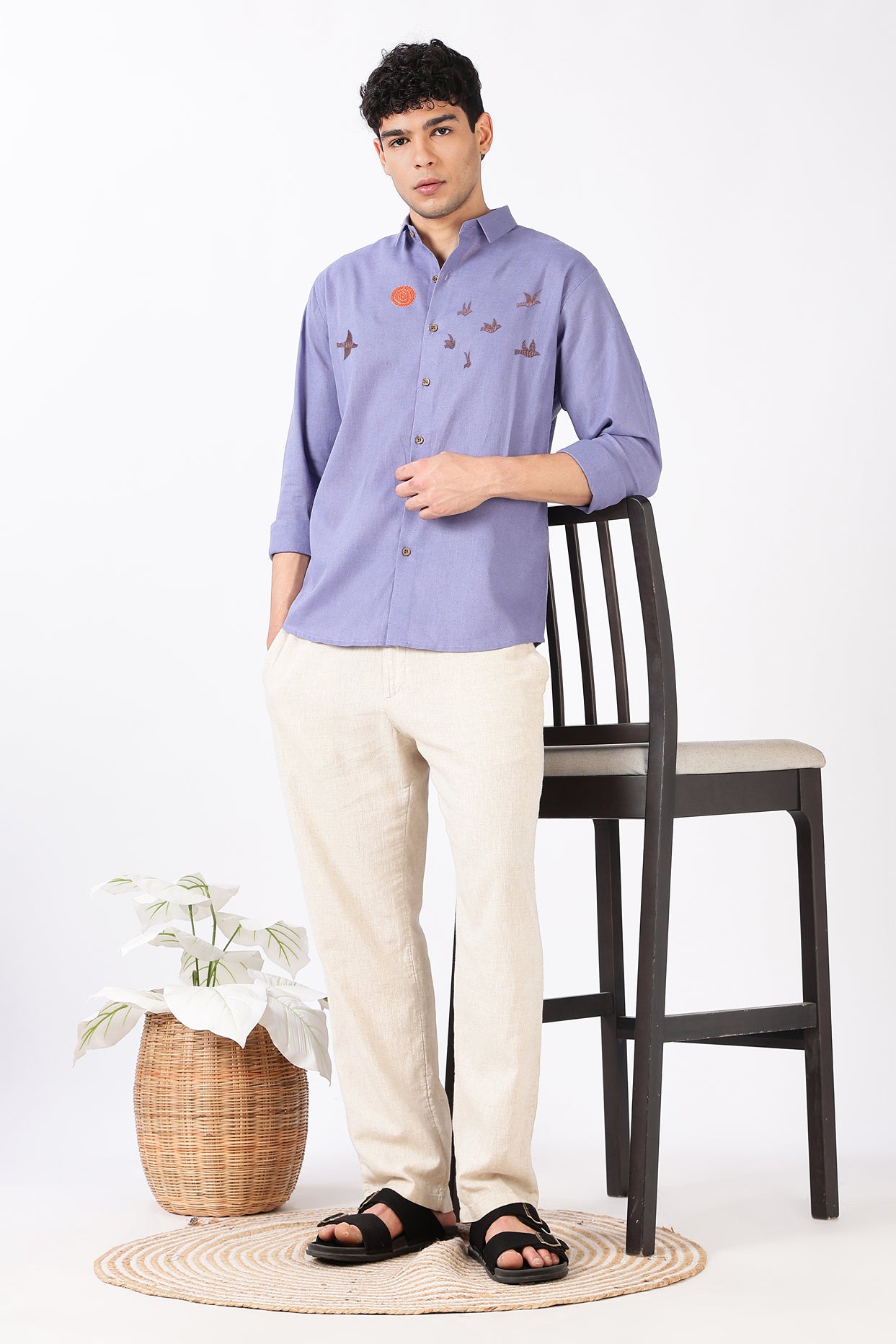 Sunflight Flock Cotton Regular Fit Lavender Embroidered Shirt