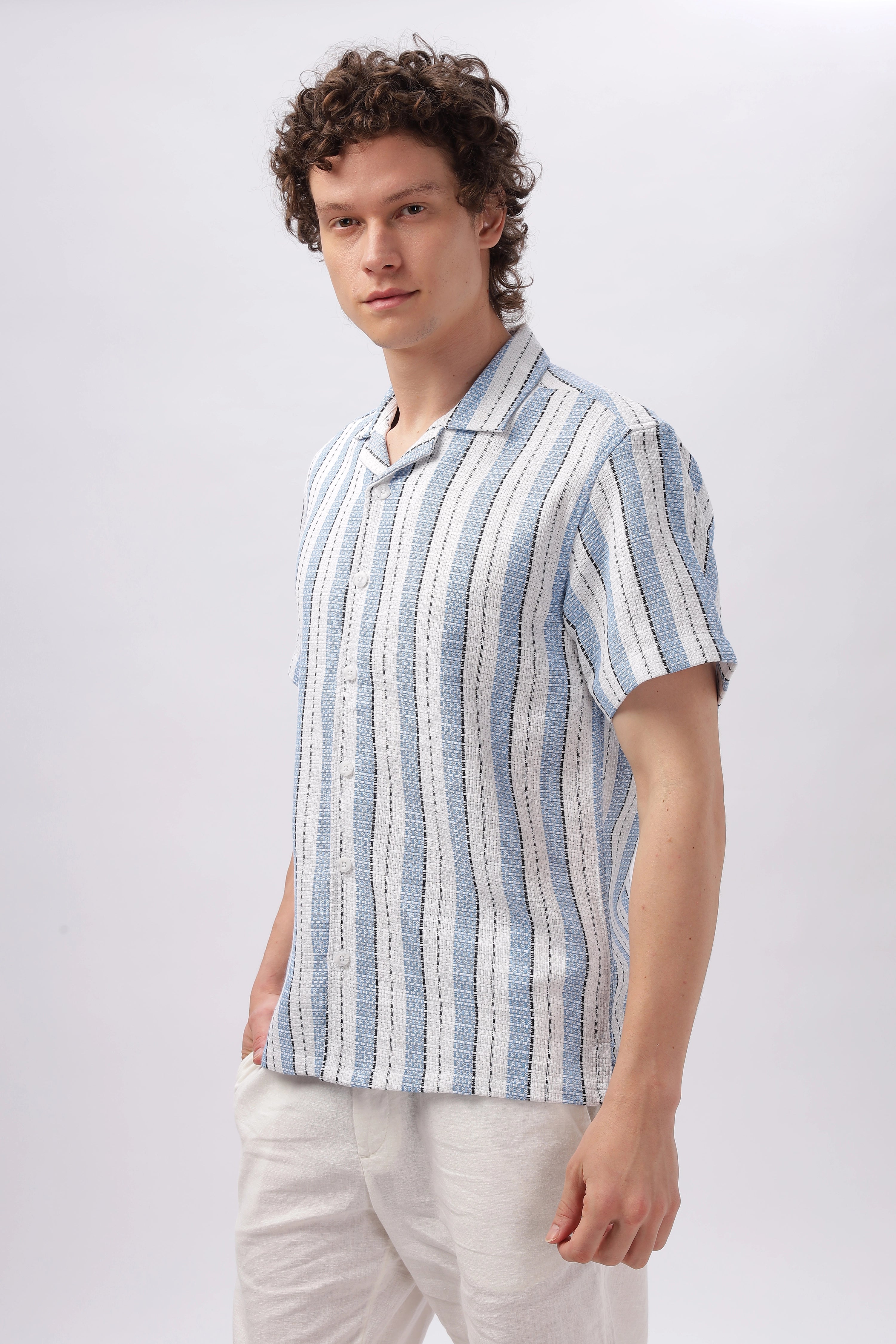 Rice Knit Texture Camp Collar Stripes Shirt