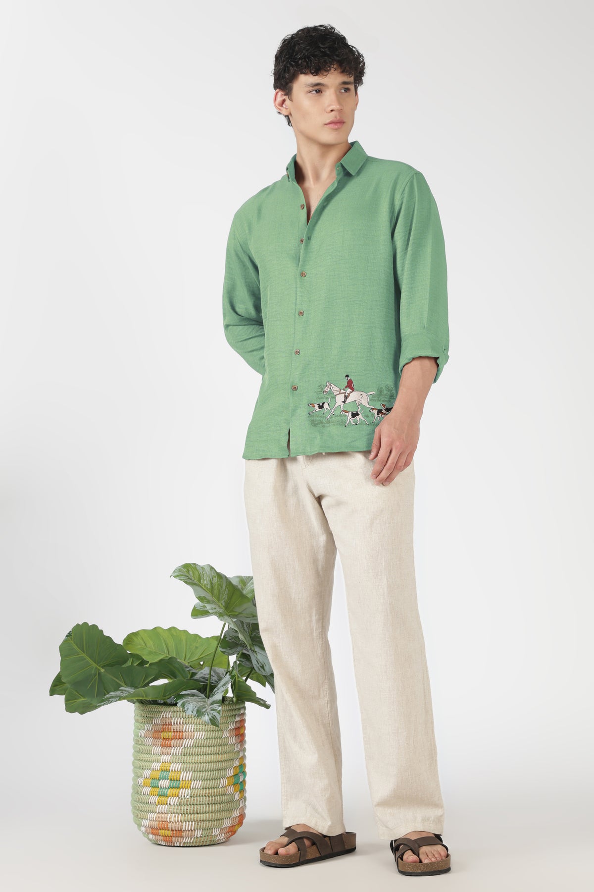 Saddle Equestrian Cotton Regular Fit Green Embroidered Shirt