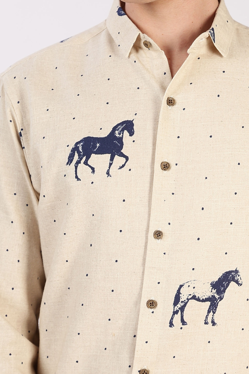Desert Horse Motif Cotton Regular Fit Beige Printed  Shirt