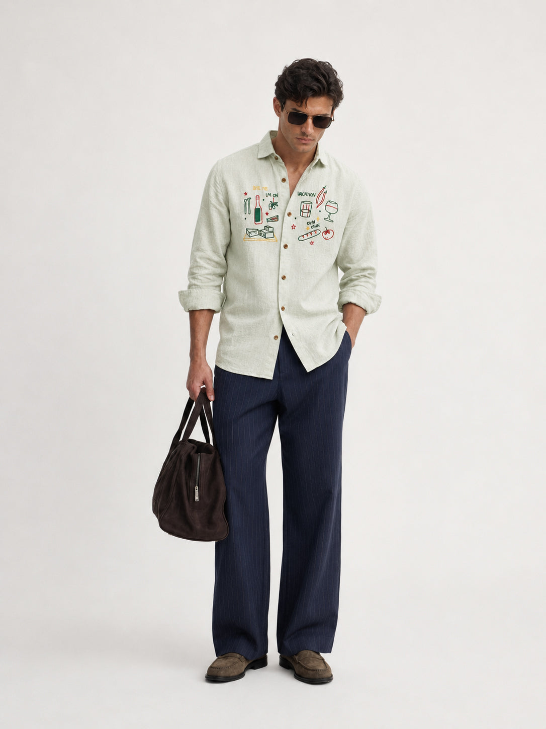 Playful Vacation Cotton Regular Fit Sage Green Embroidered Shirt
