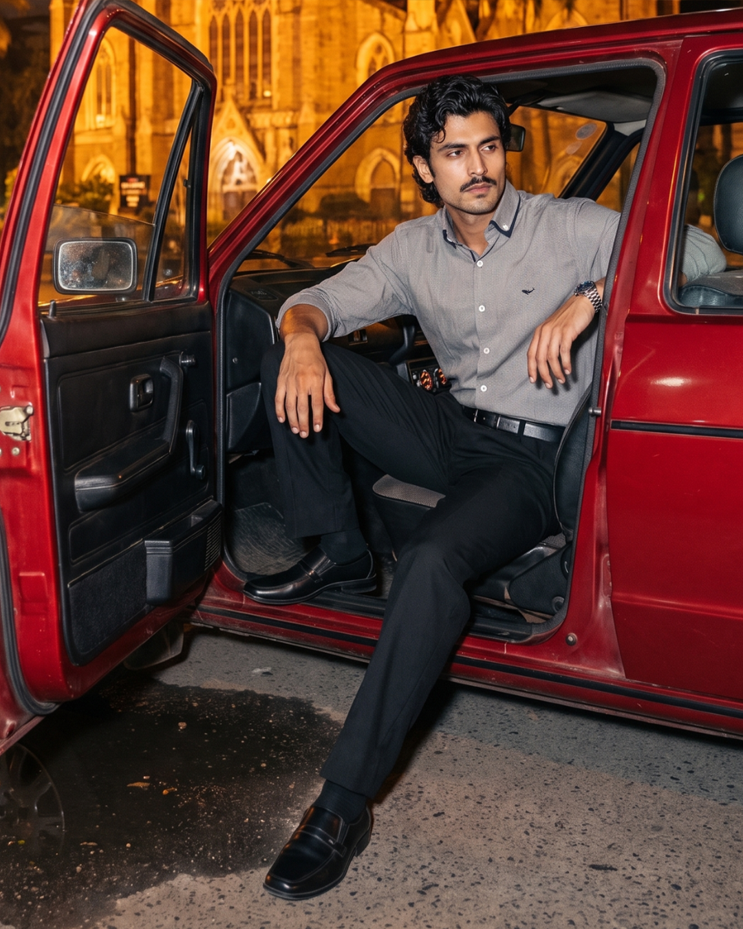 Midnight Grey Grid–Tonal Buttons With Contrast Collar Shirt