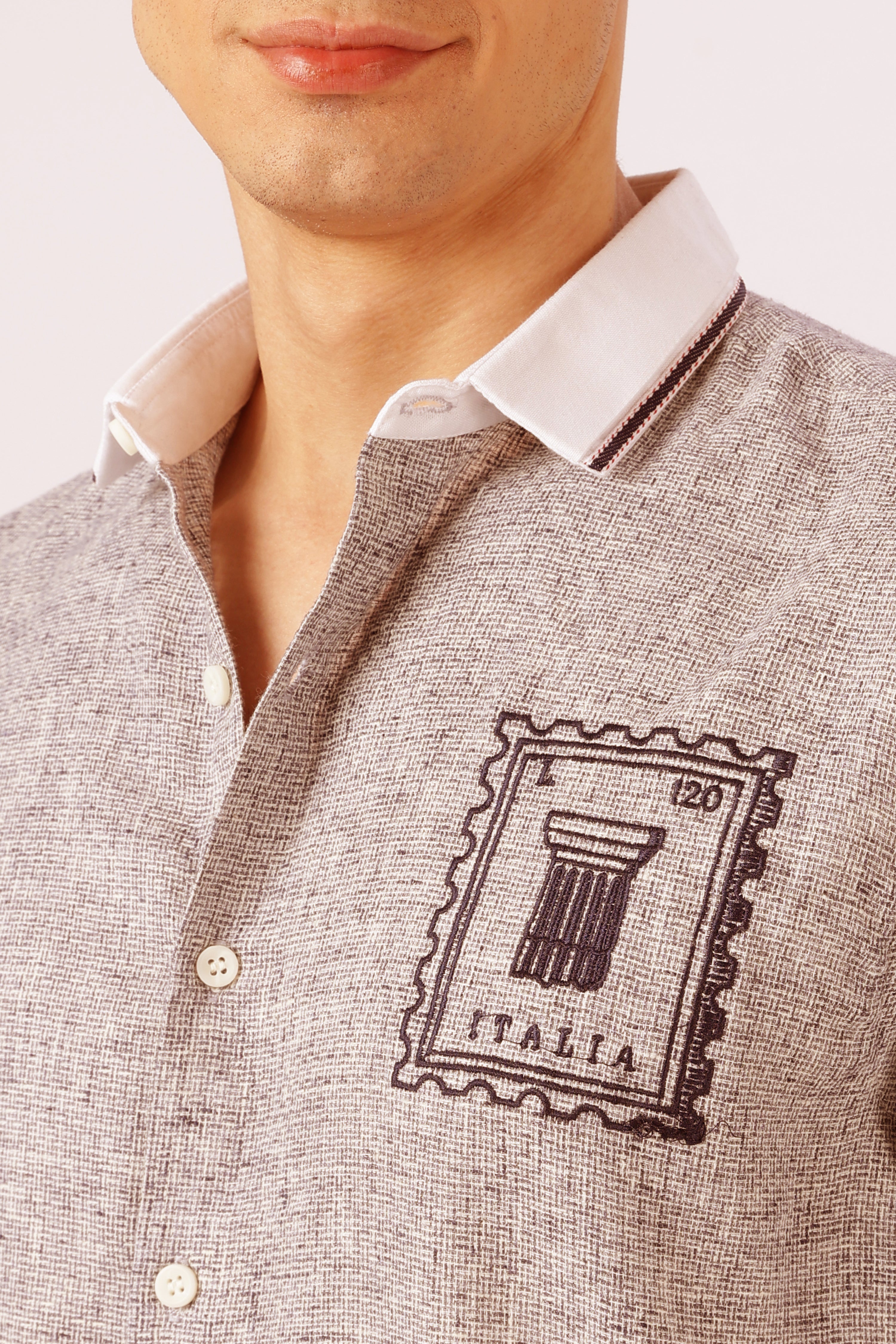 Italia Stamp Cotton Regular Fit Brown Embroidered Shirt