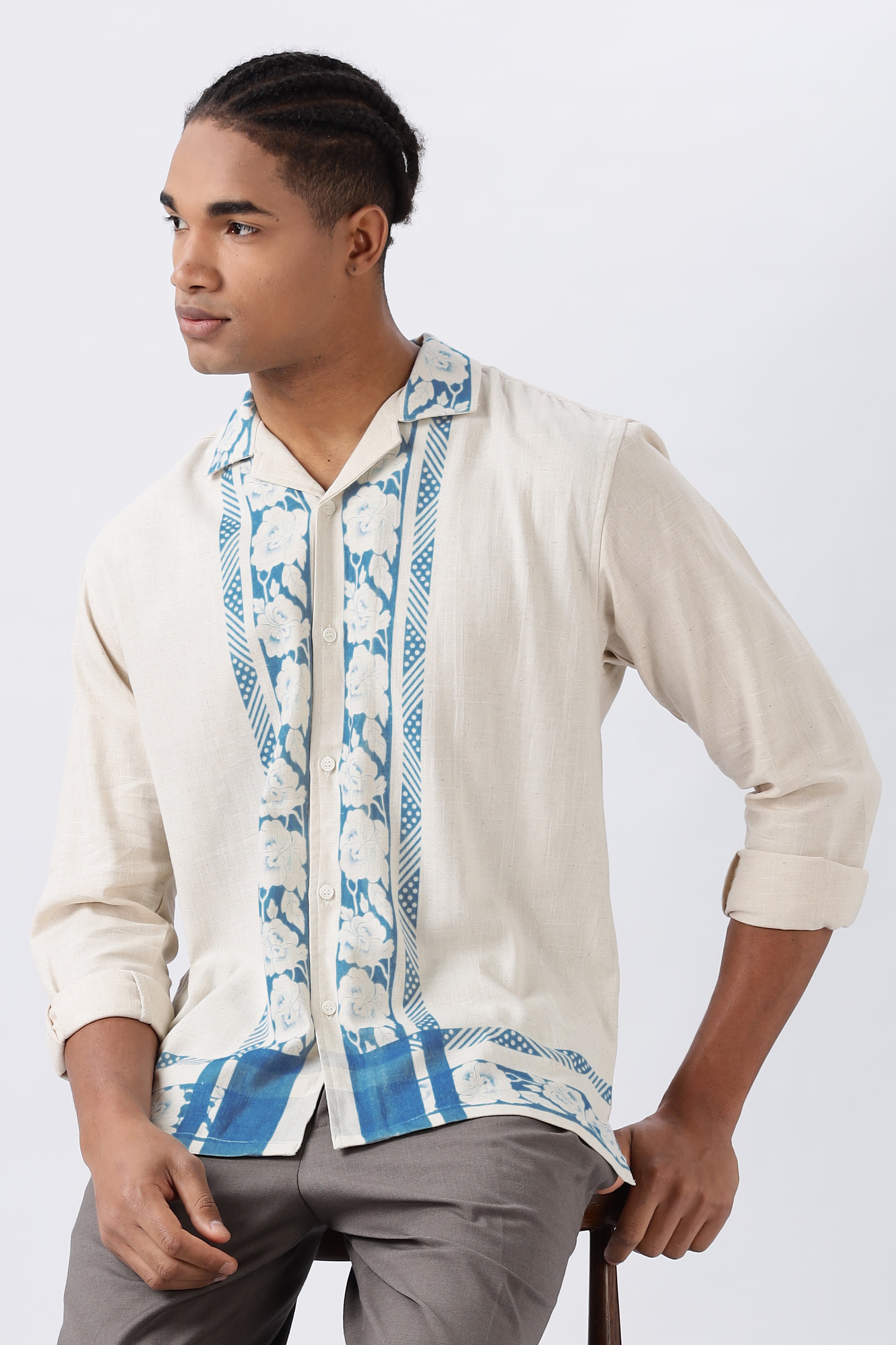 Bloom Summer Panel Cotton Box Fit Beige Shirt