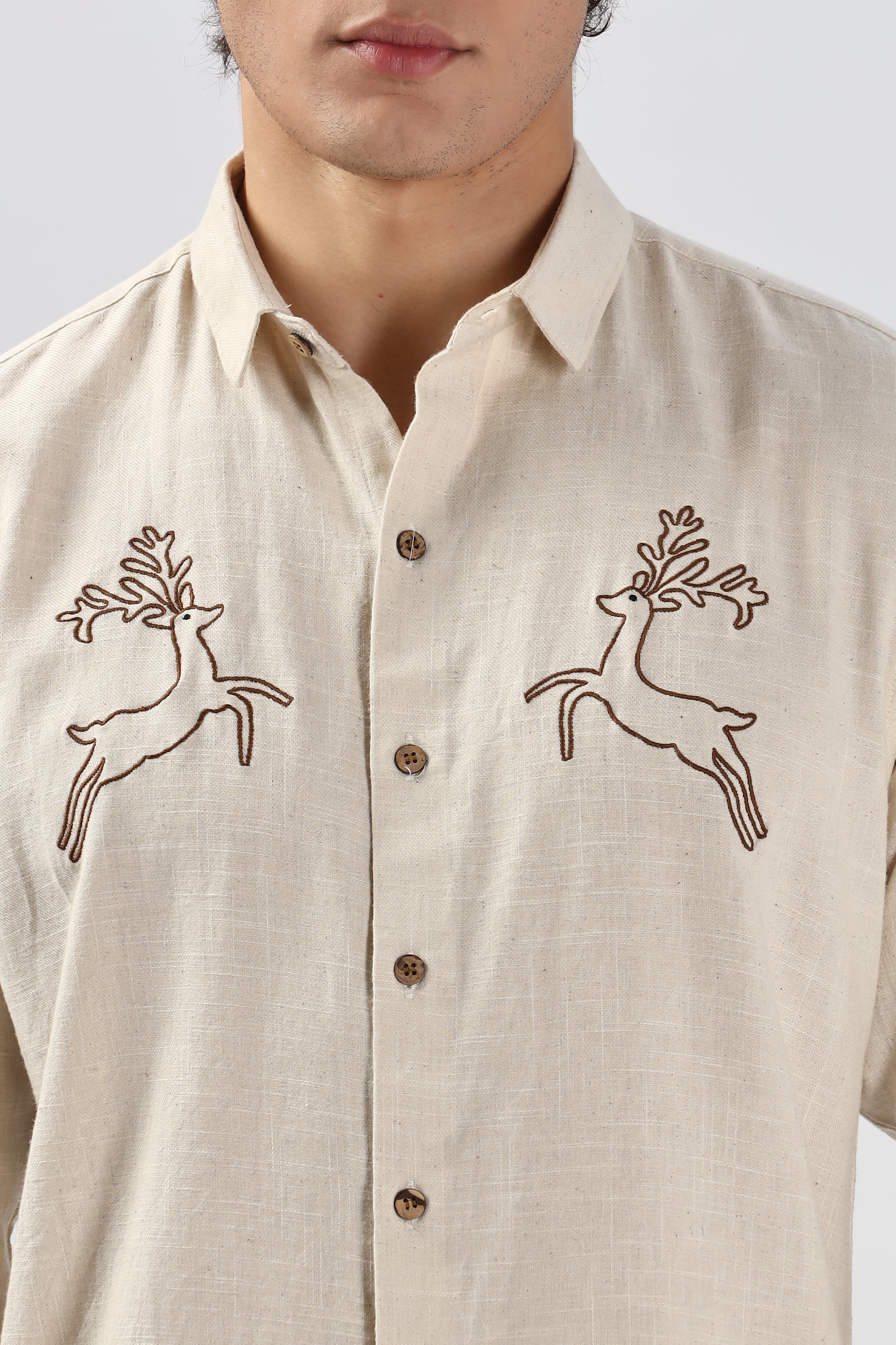 Hopping Pronghorn Beige Embroidery Shirt