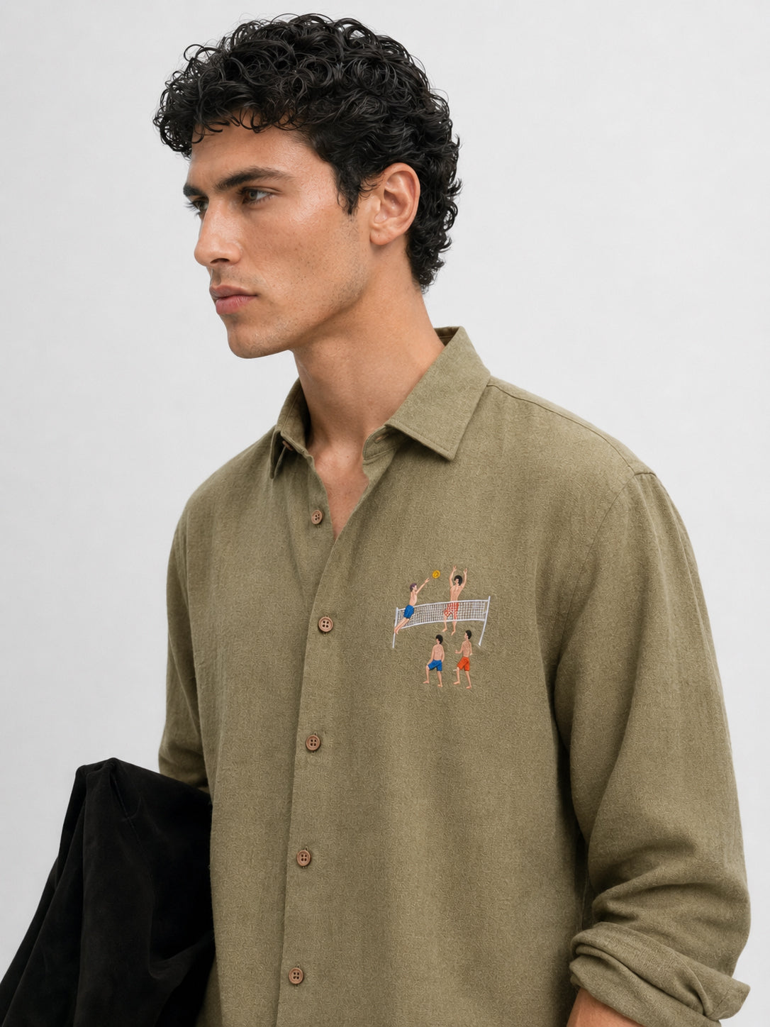 The Volleyball Cotton Regular Fit Olive Green Embroidered Shirt