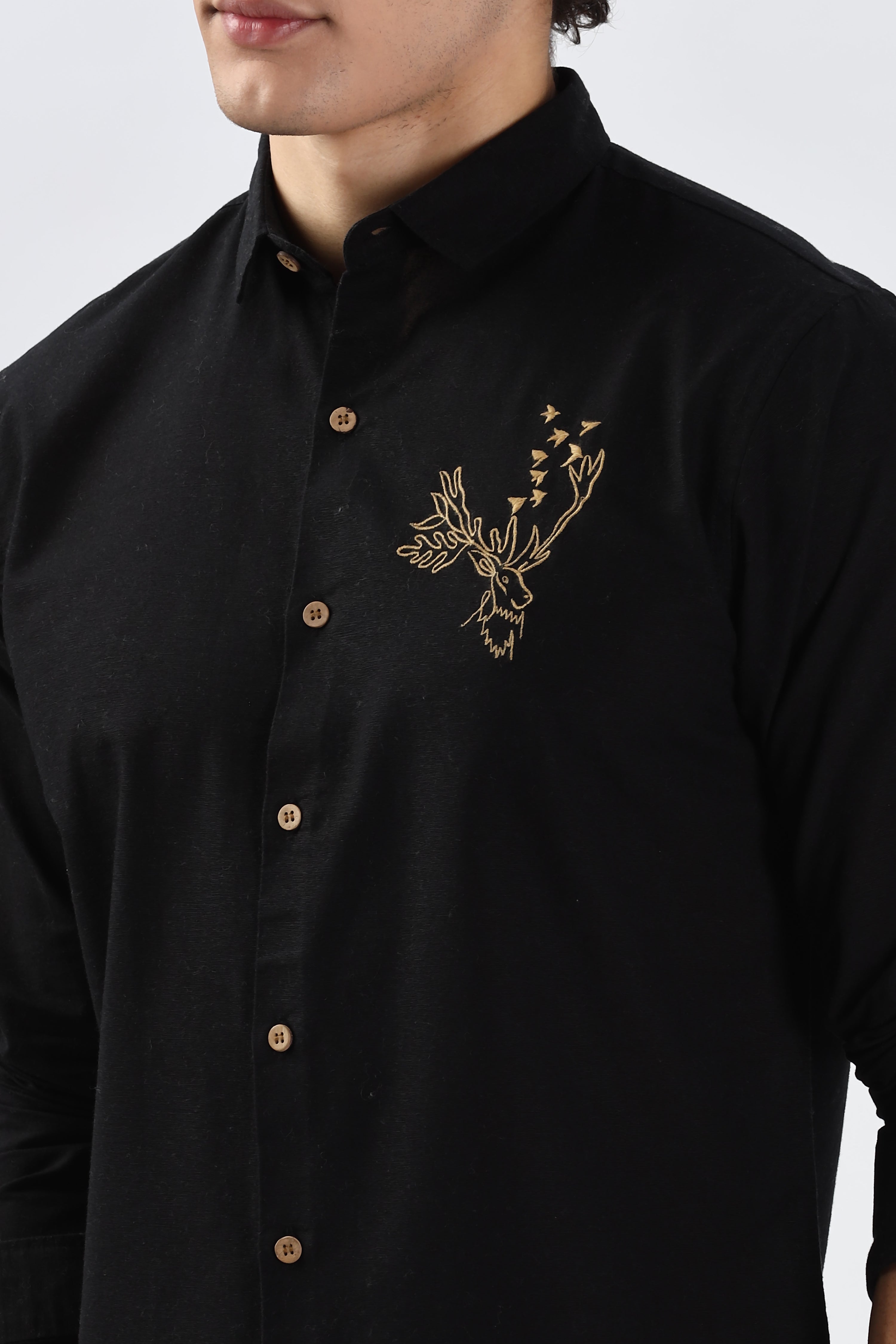 Artic Reindeer Black Embroidery Shirt