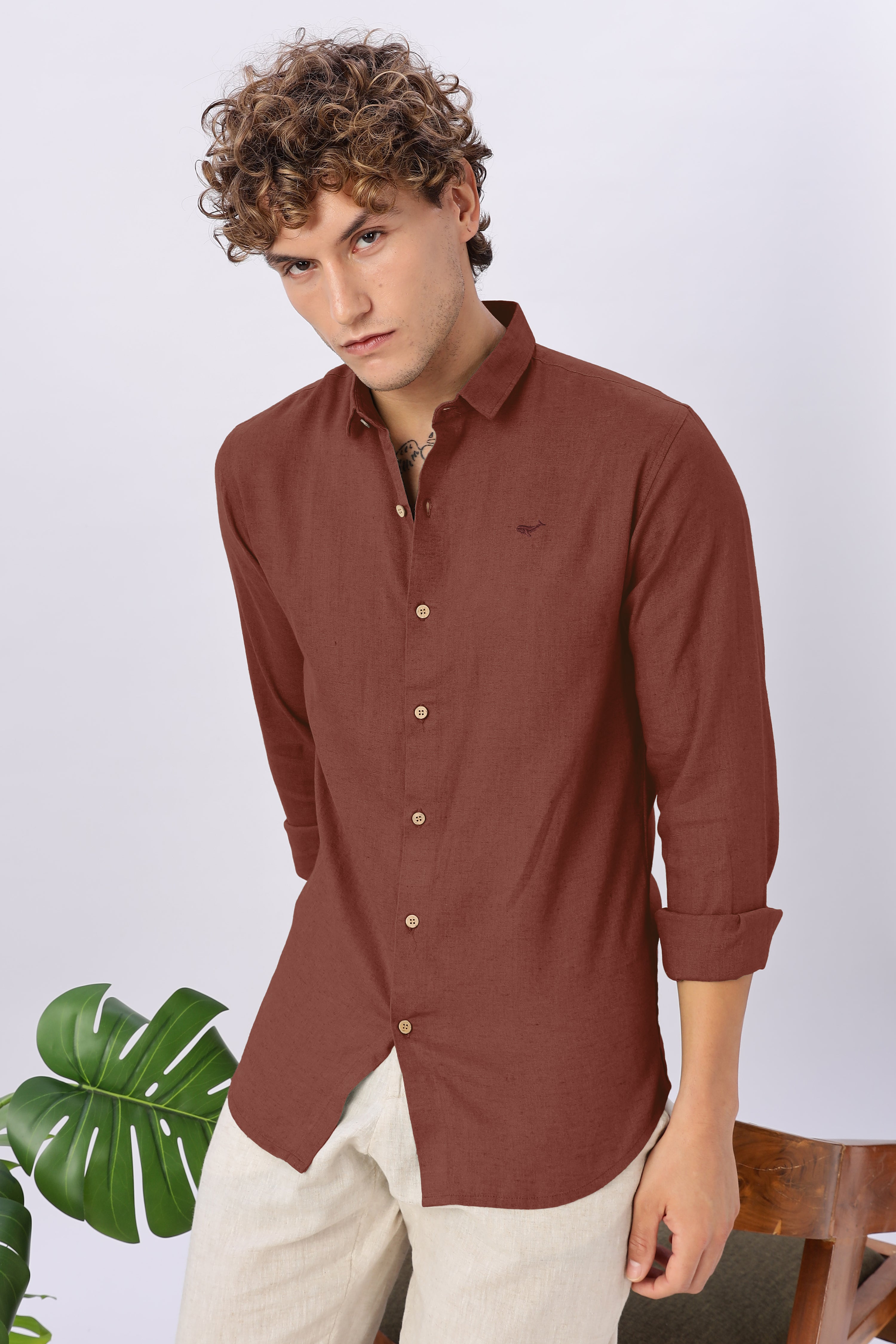Classic Rust Linen Blend Regular Fit Red Brown Shirt