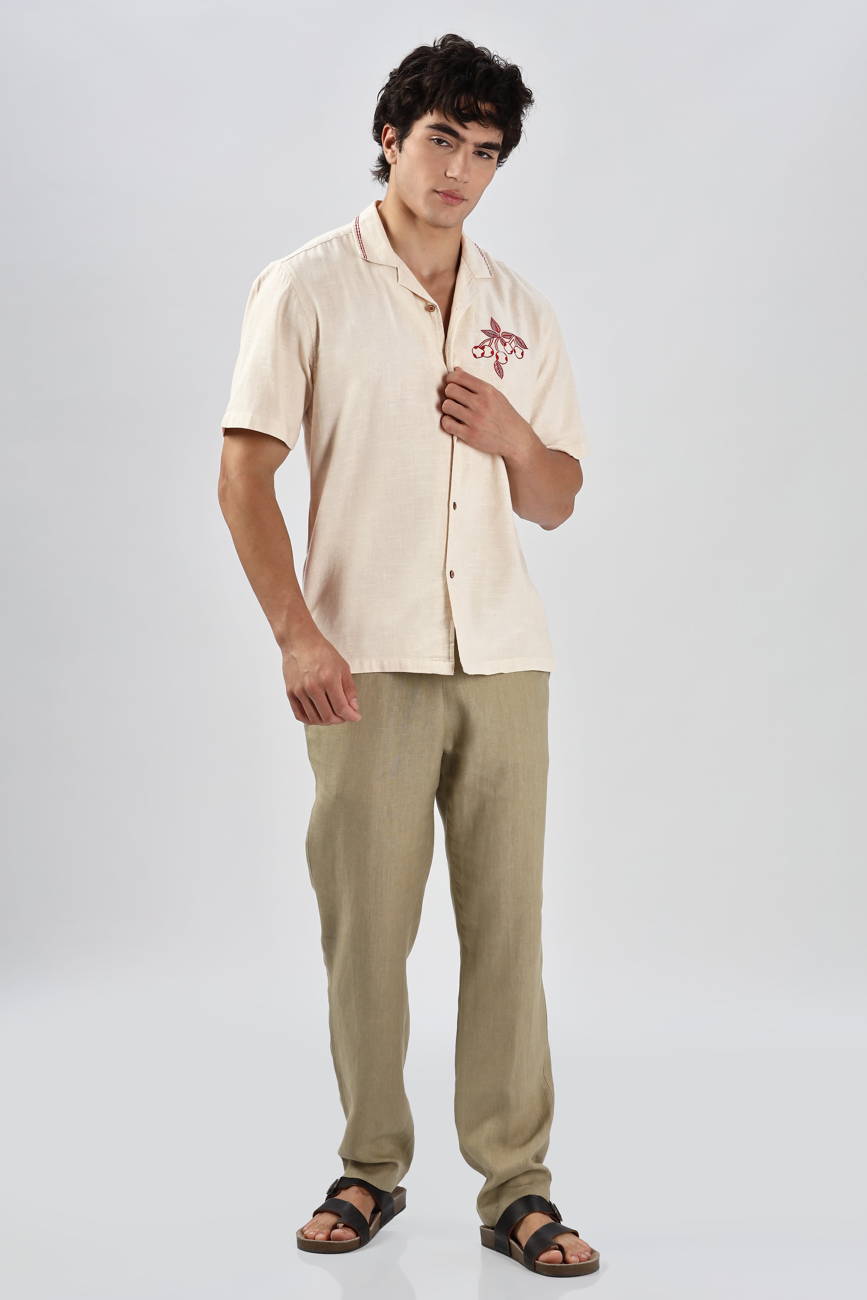 Cherry Cotton Box Fit Caribbean Beige Embroidery Shirt