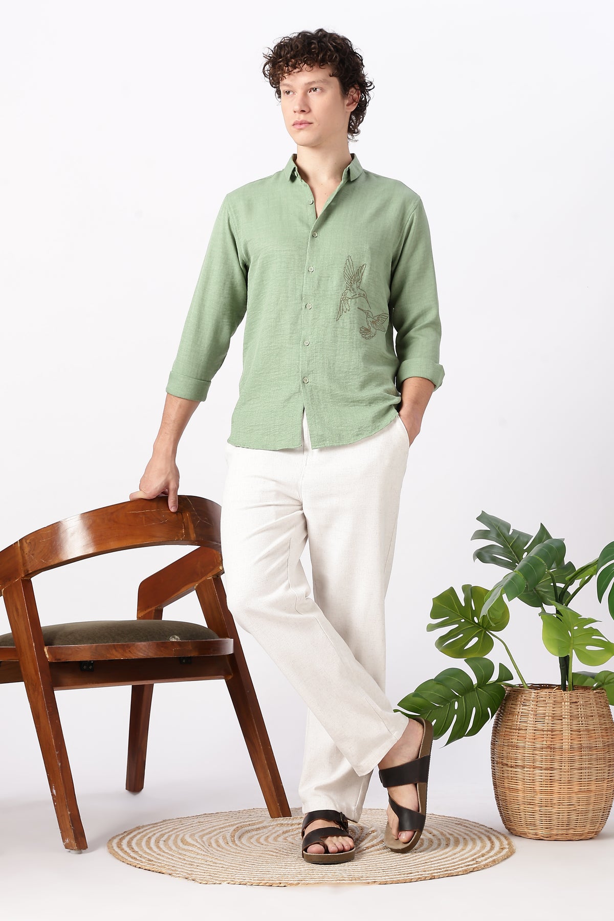 Humming(way) Birds Vienna Cotton Regular Fit Green Embroidery Shirt