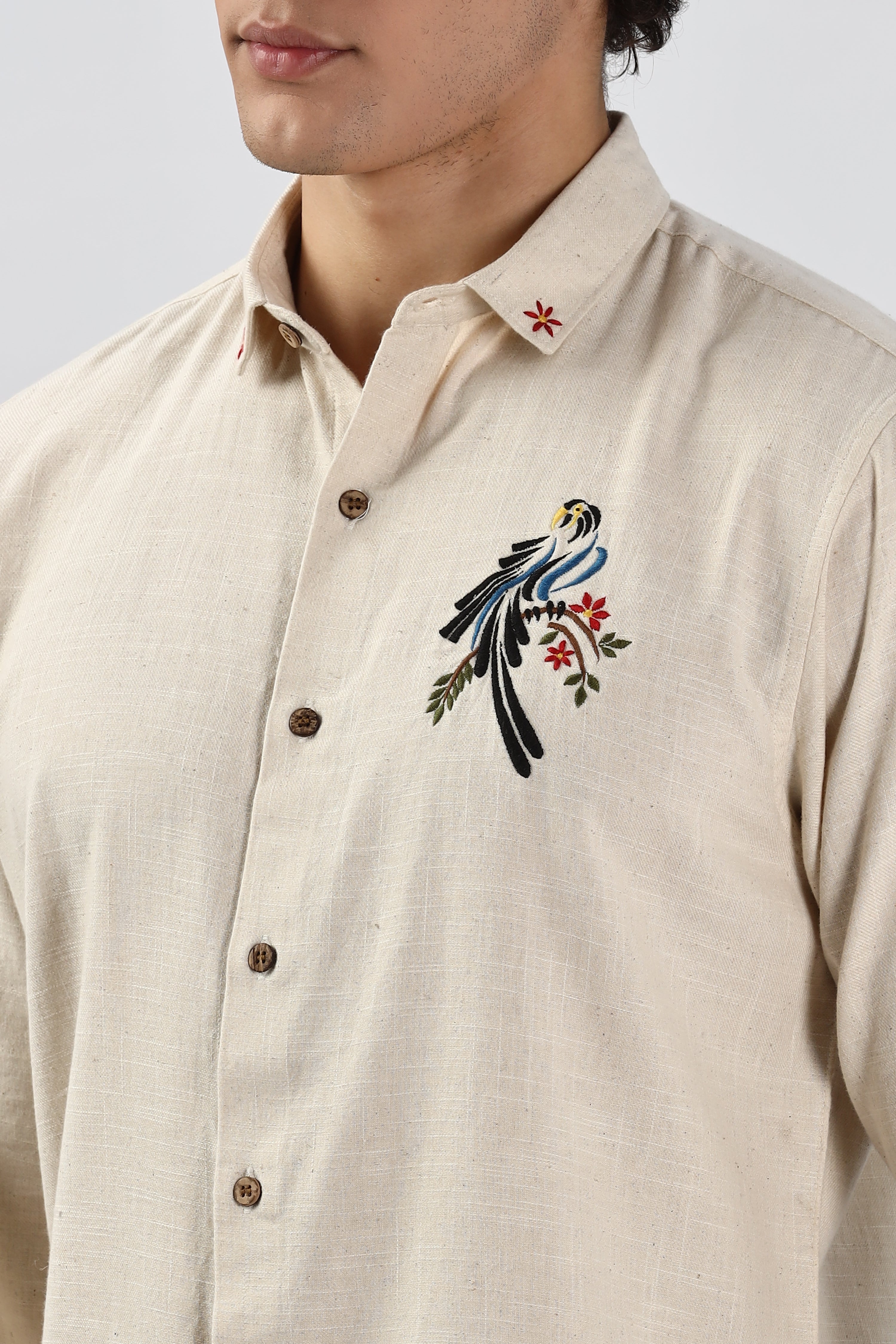 Bambaiya Beige Perroquet Embroidery Shirt