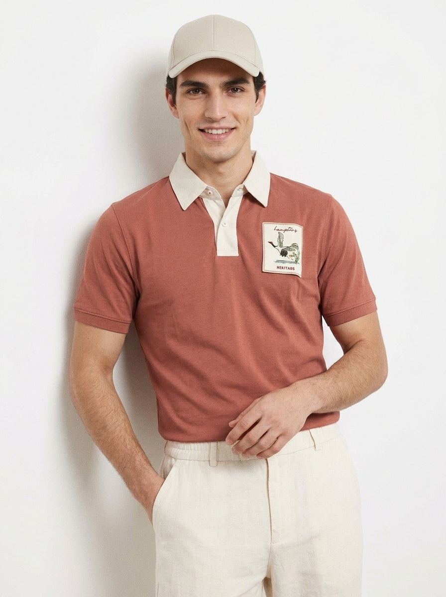 Heritage Heron Cotton Contrast Collar Orange Embroidered Polo