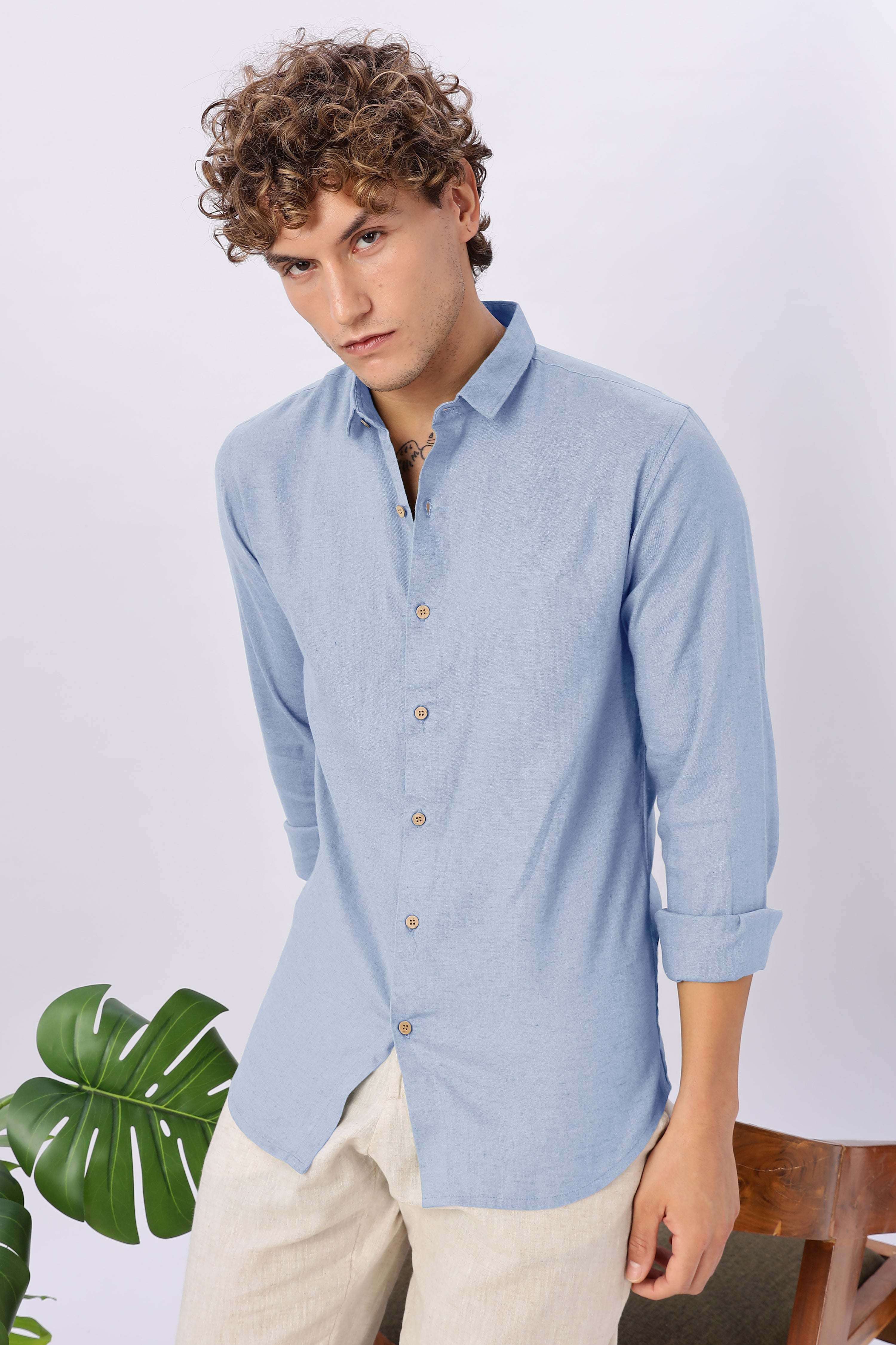 Skyline Calm 30% Linen Regular Fit Blue Shirt