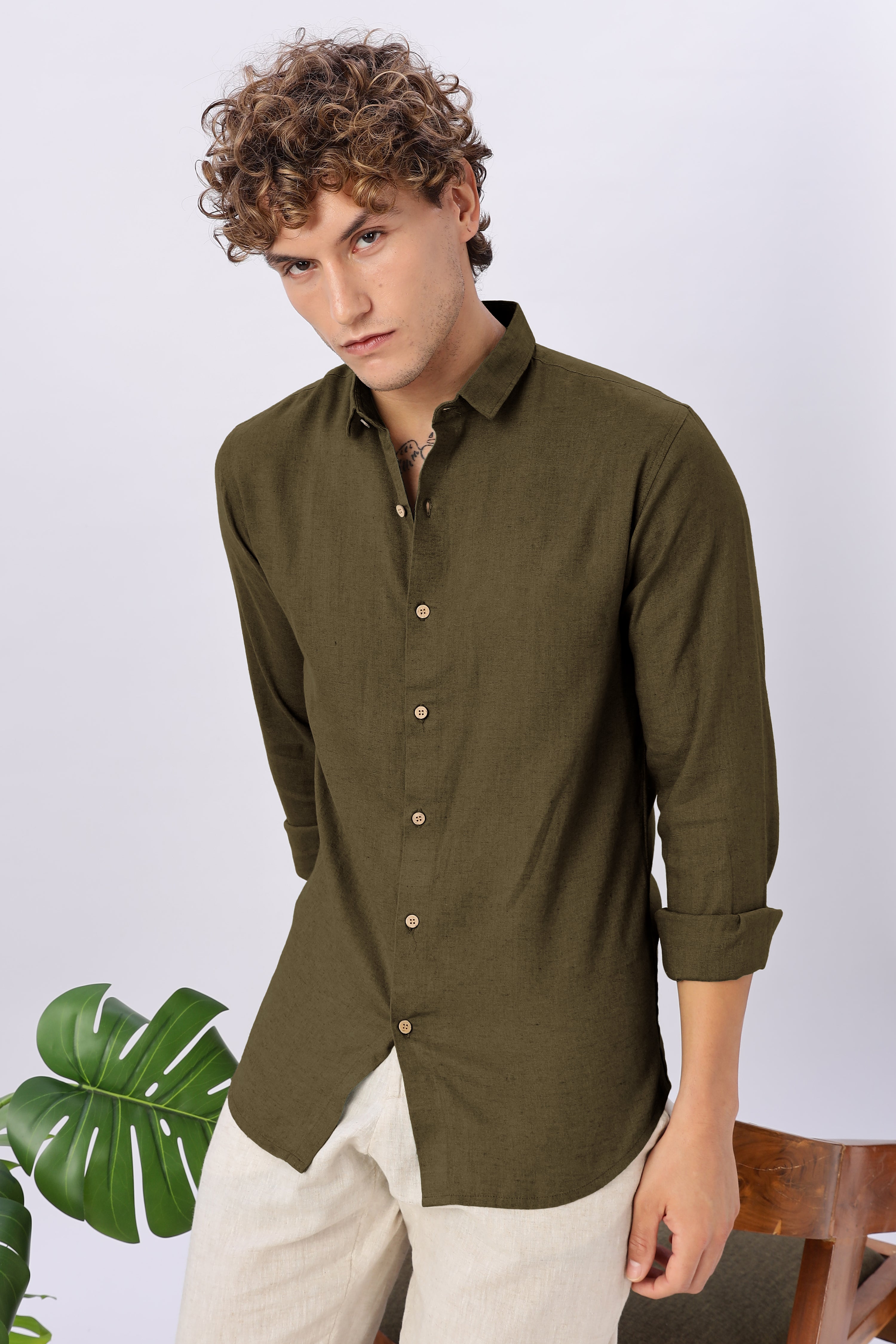Olive Grove Linen Blend No Logo Regular Fit Green Shirt