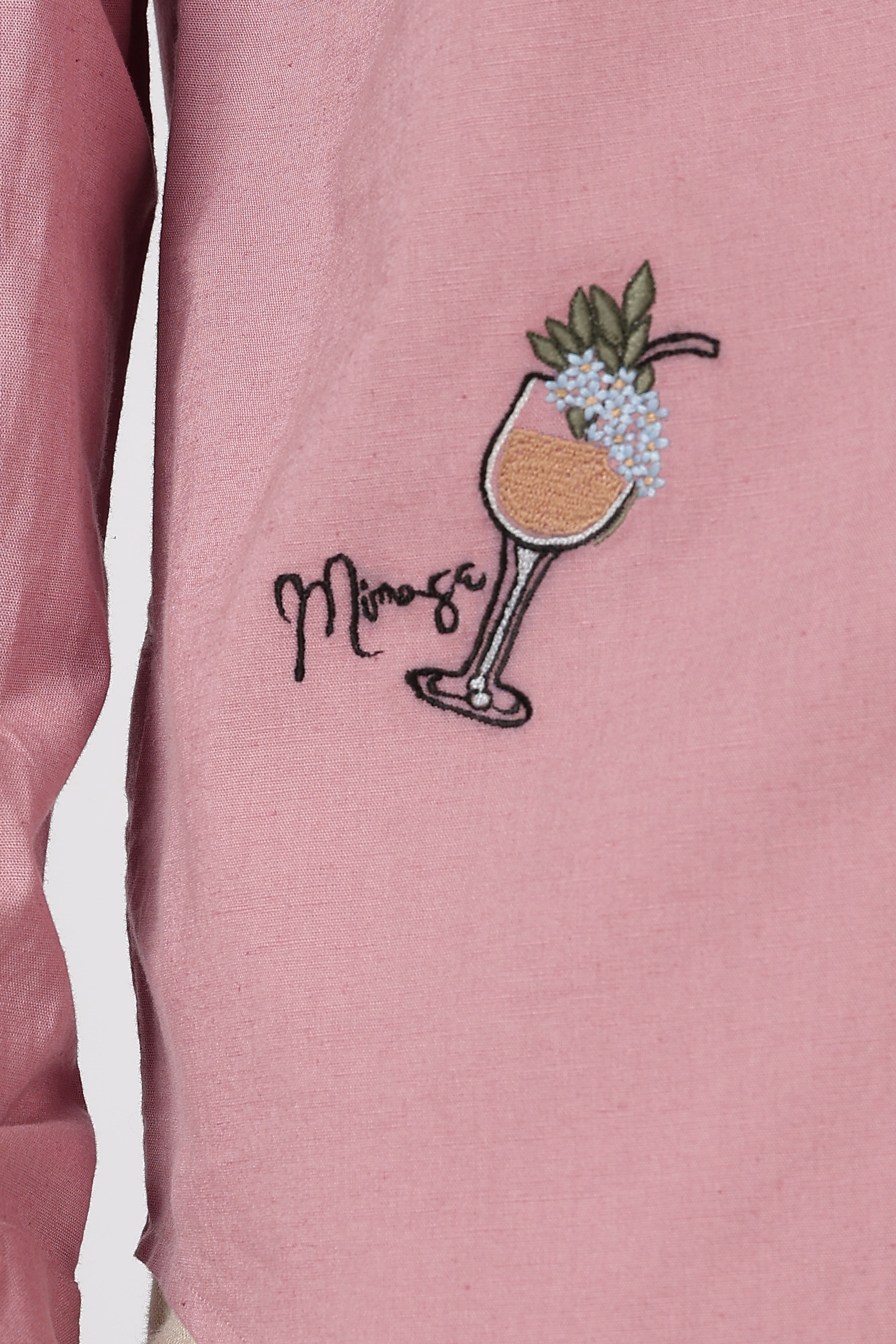 Cocktail-Themed Cotton Regular Fit Dusty Pink Embroidered Shirt